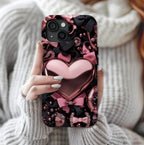 Bling Pink Heart Phone Case with Black Bows,  Mosaic Cover iPhone, Galaxy, Pixel