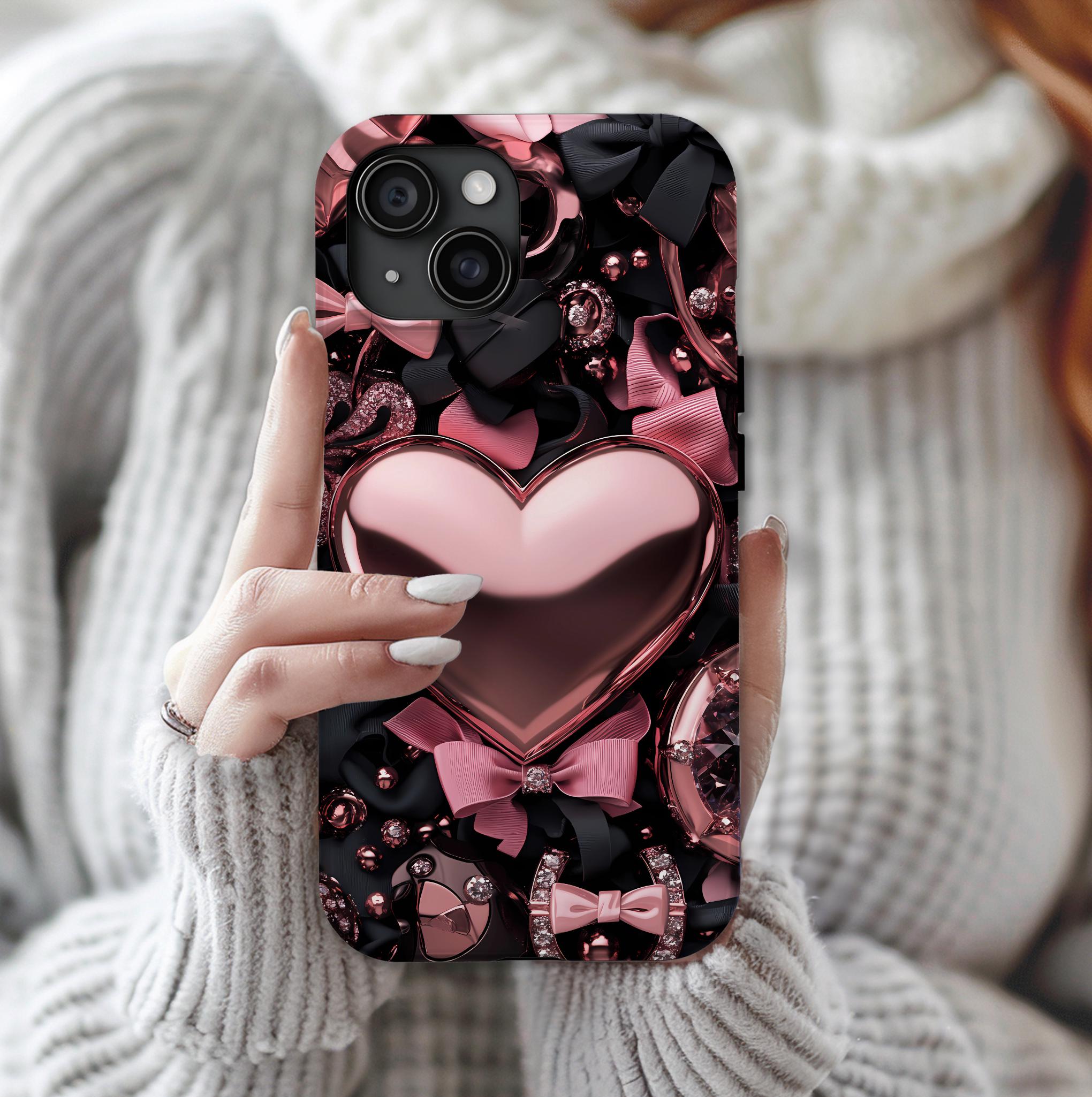 Bling Pink Heart Phone Case with Black Bows,  Mosaic Cover iPhone, Galaxy, Pixel