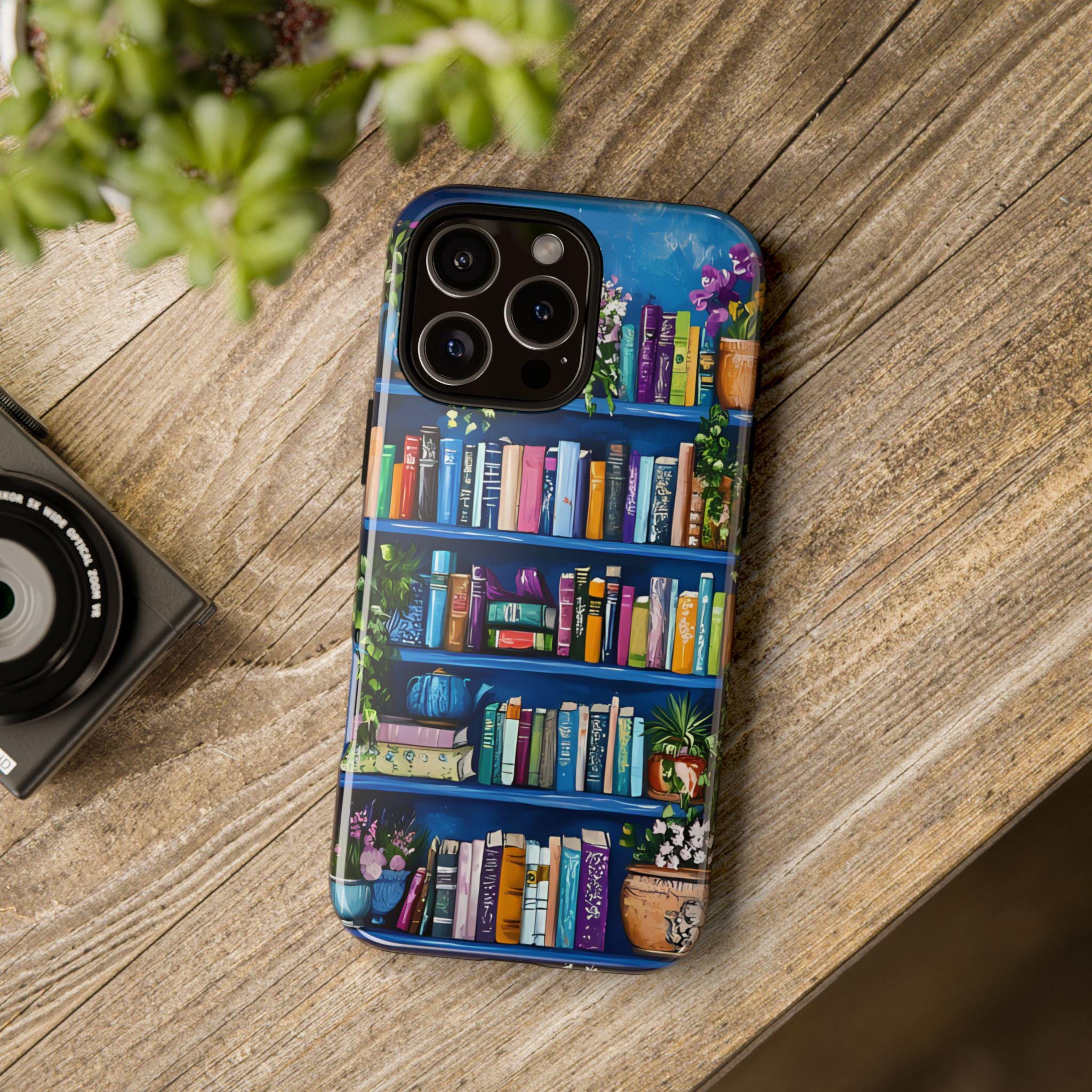 Blue Bookshelf Phone Case, Bookish Floral Design, iPhone Galaxy Pixel Book Lover Gift