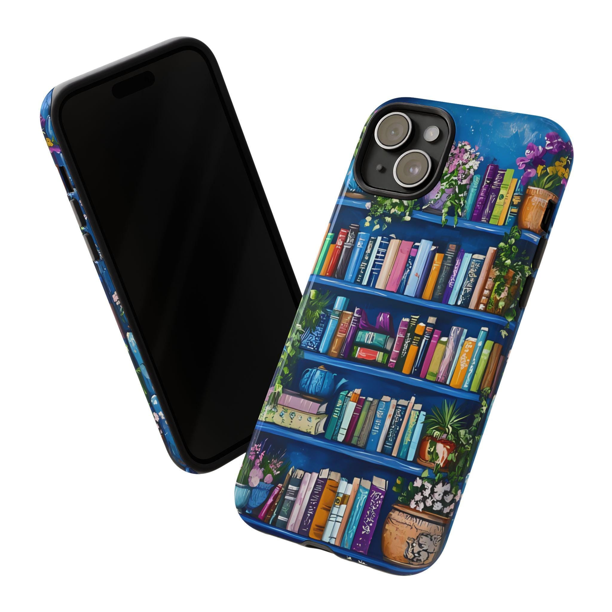 Blue Bookshelf Phone Case, Bookish Floral Design, iPhone Galaxy Pixel Book Lover Gift