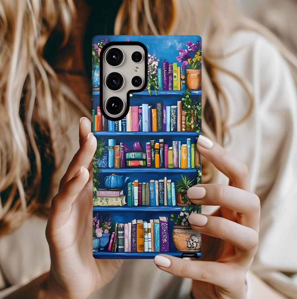 Blue Bookshelf Phone Case, Bookish Floral Design, iPhone Galaxy Pixel Book Lover Gift