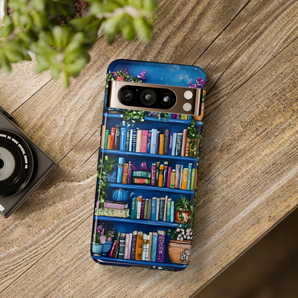 Blue Bookshelf Phone Case, Bookish Floral Design, iPhone Galaxy Pixel Book Lover Gift