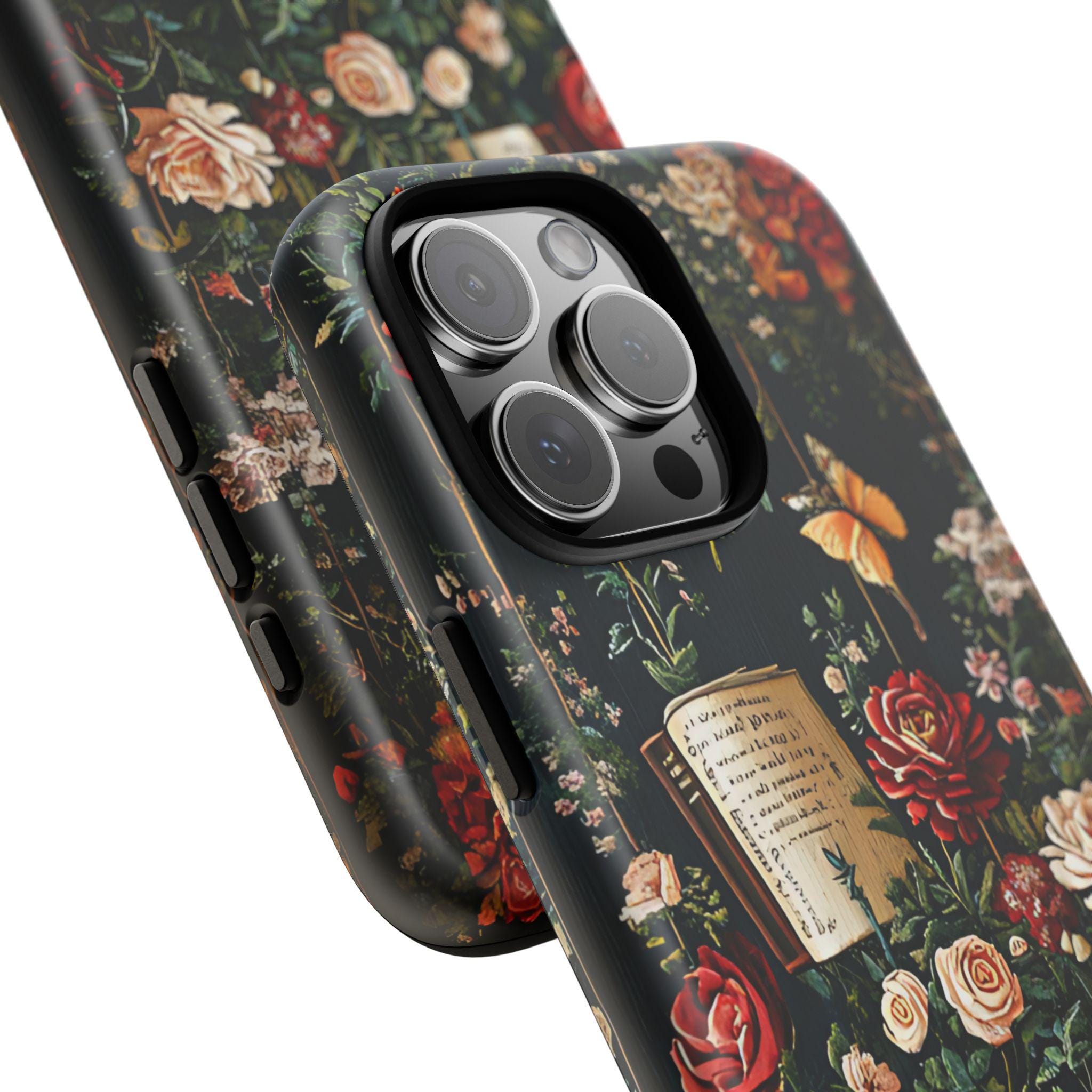 Cottagecore Floral Bookshelf Phone Case: Gothic Book Lover Gift