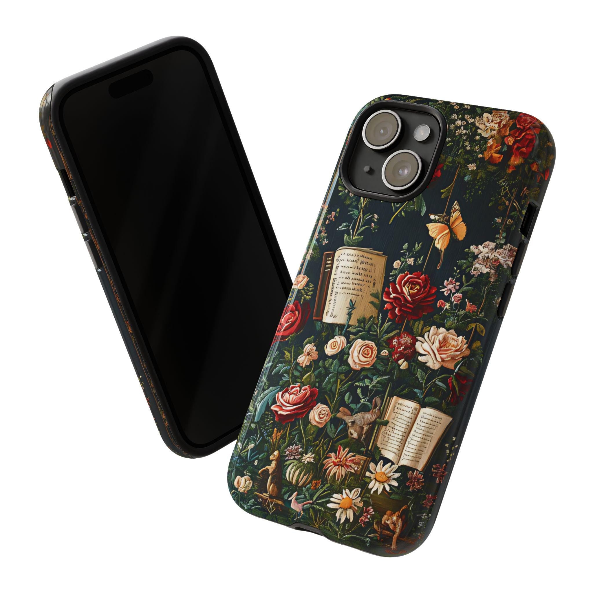 Cottagecore Floral Bookshelf Phone Case: Gothic Book Lover Gift