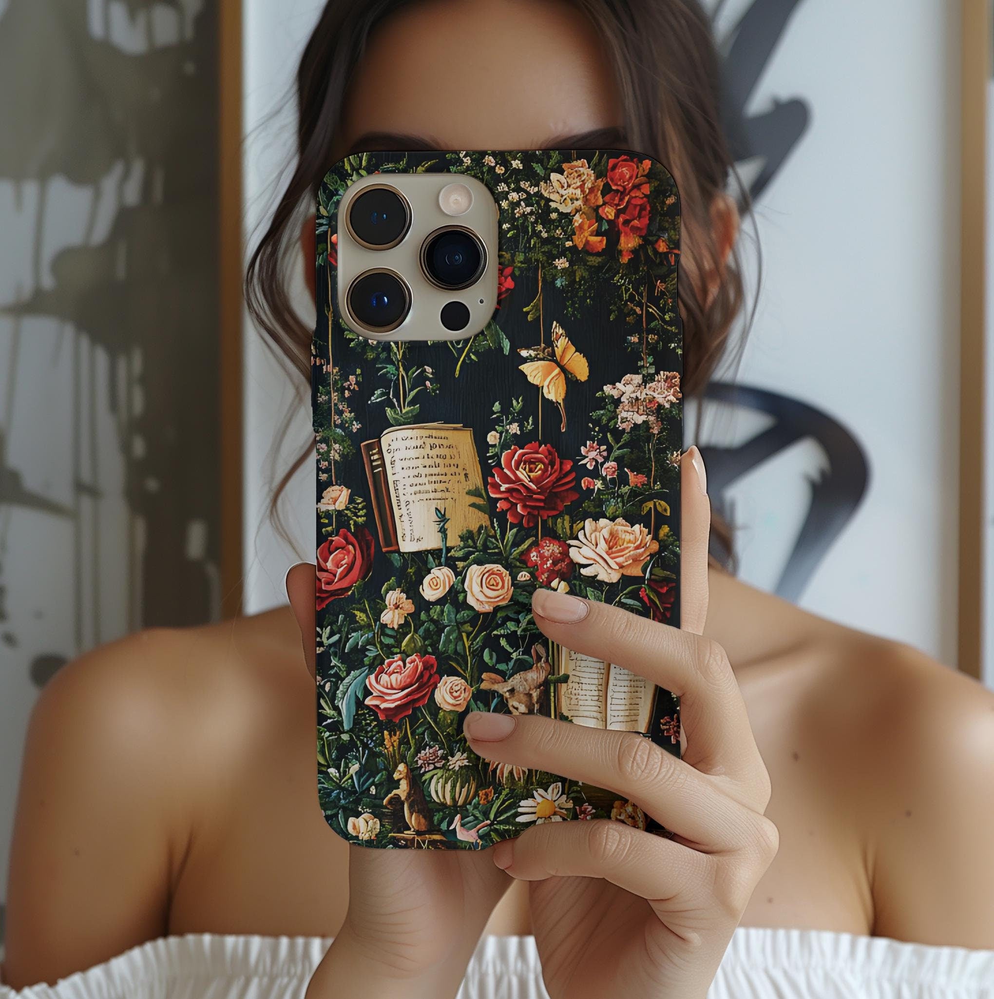 Cottagecore Floral Bookshelf Phone Case: Gothic Book Lover Gift