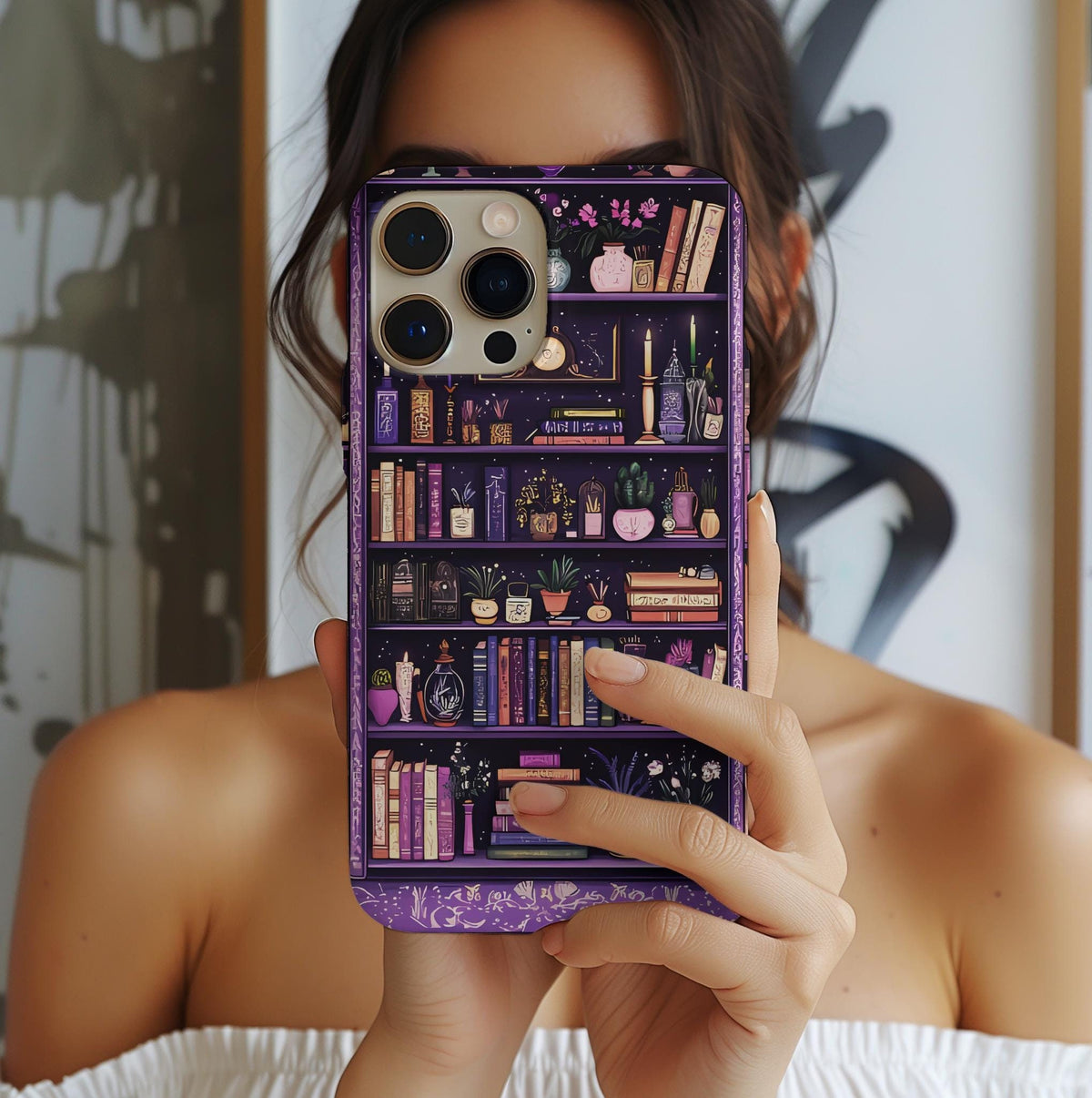 Floral Bookshelf Phone Case: Vintage Book Lover Gift