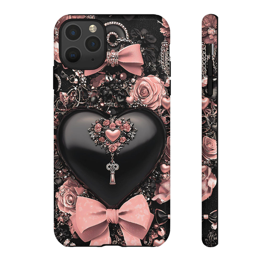 Bling Black Heart Phone Case: Pink Bows Effect Valentine's Day iPhone Galaxy Pixel