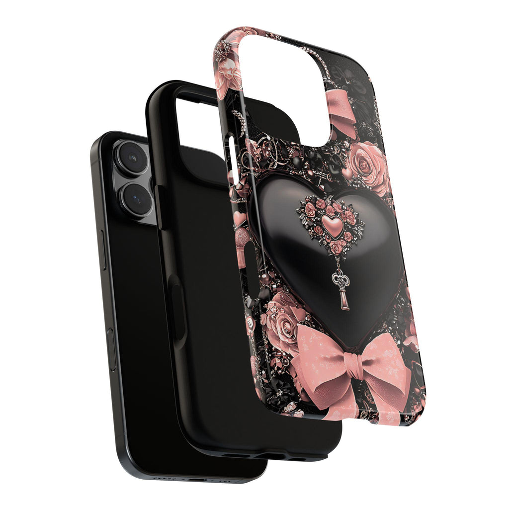 Bling Black Heart Phone Case: Pink Bows Effect Valentine's Day iPhone Galaxy Pixel