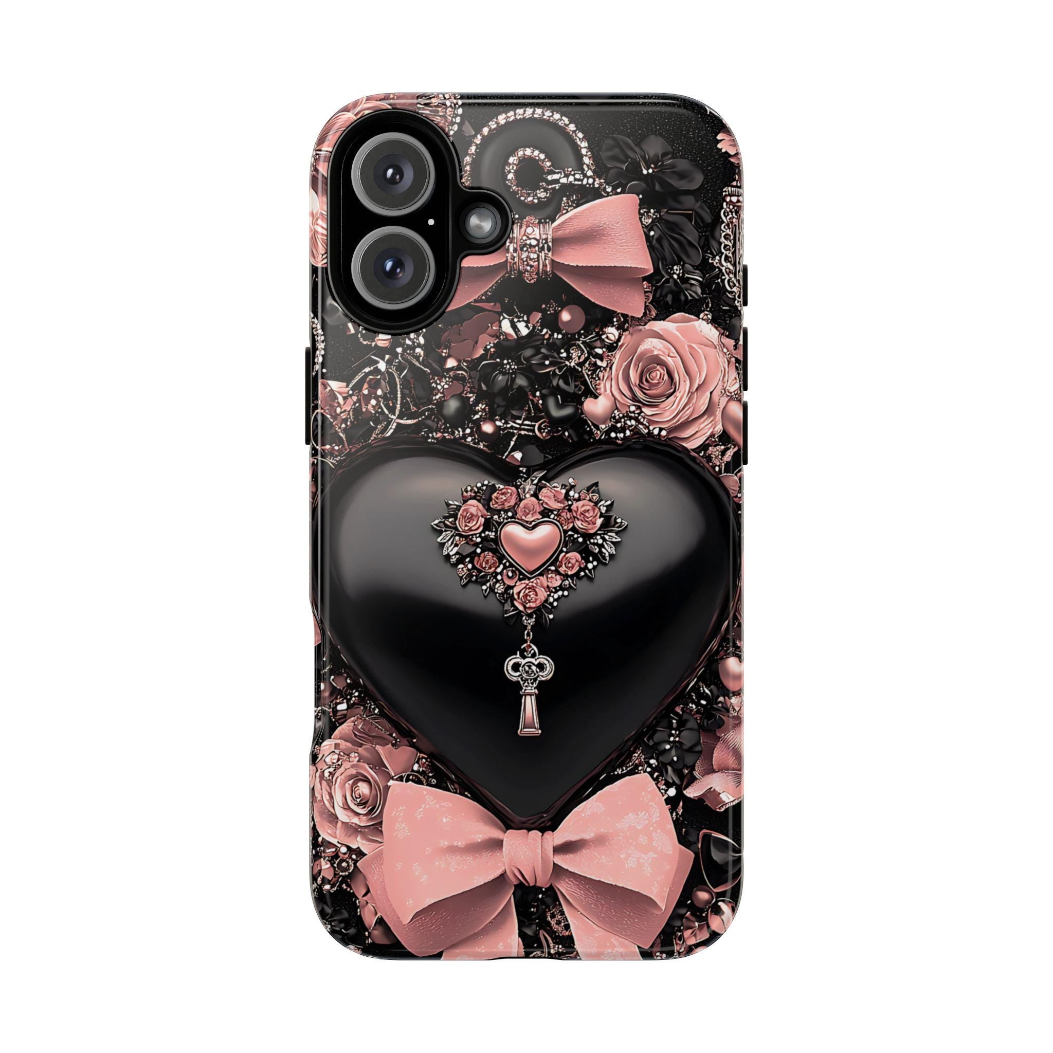 Bling Black Heart Phone Case: Pink Bows Effect Valentine's Day iPhone Galaxy Pixel
