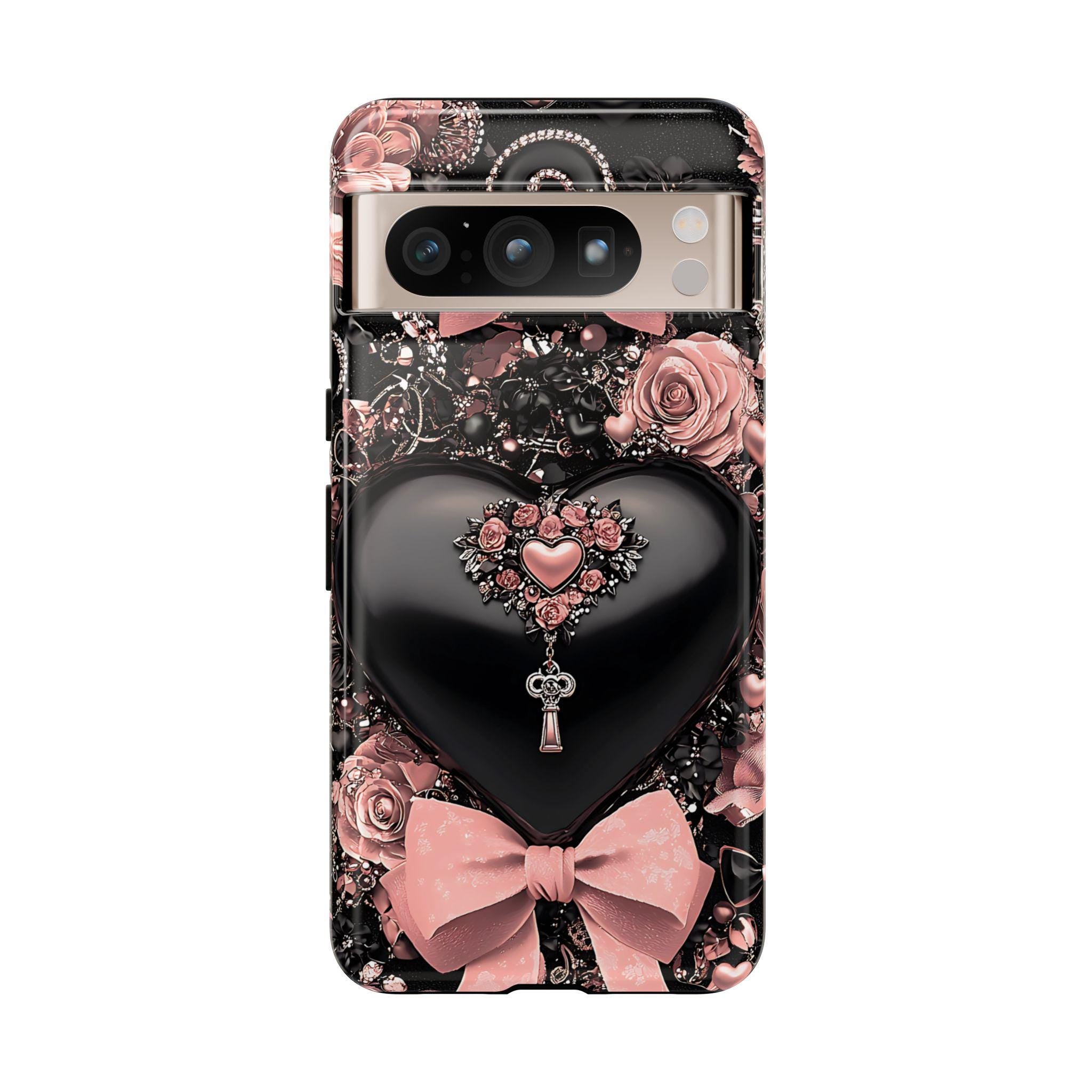 Bling Black Heart Phone Case: Pink Bows Effect Valentine's Day iPhone Galaxy Pixel