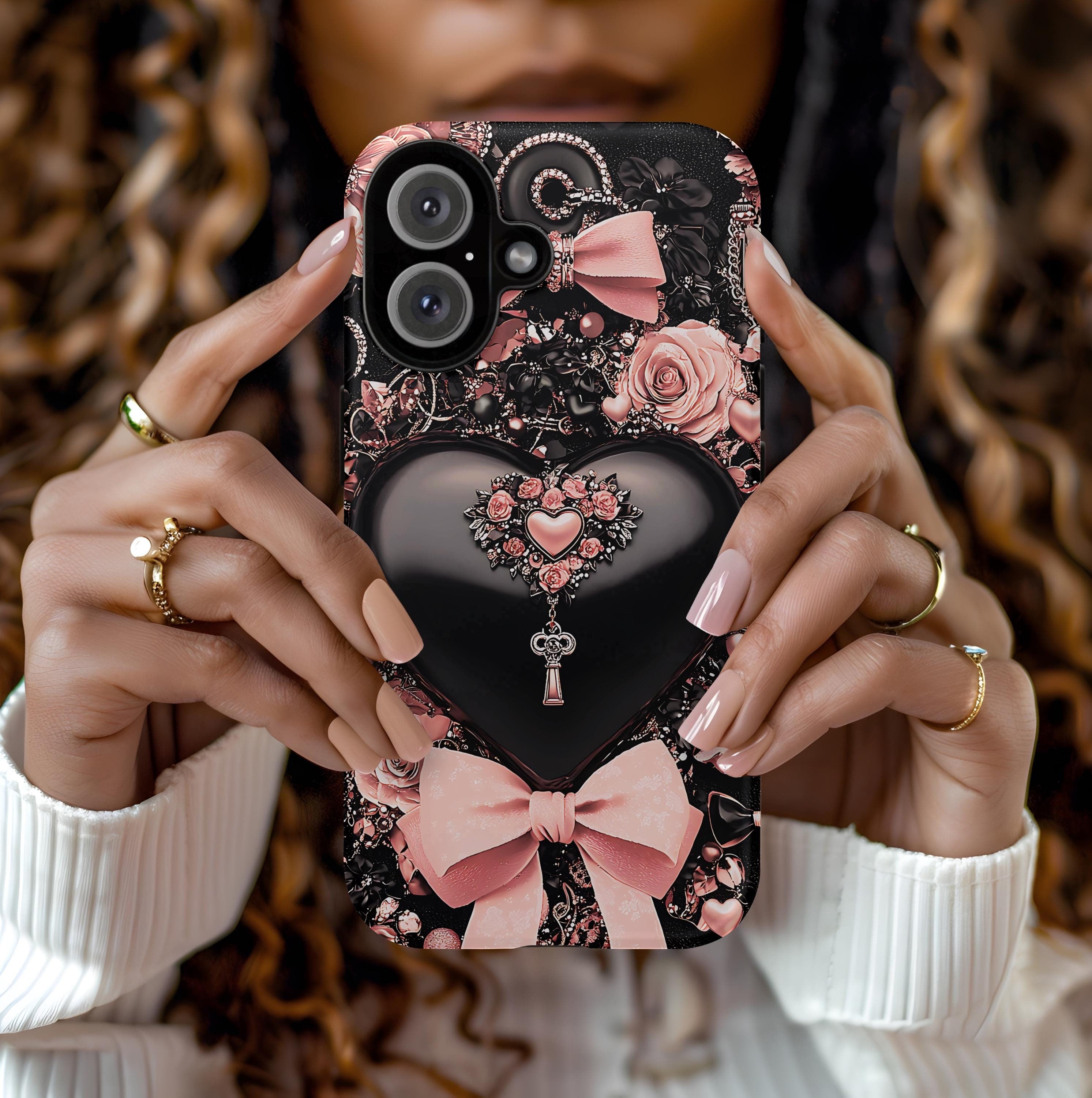 Bling Black Heart Phone Case: Pink Bows Effect Valentine's Day iPhone Galaxy Pixel