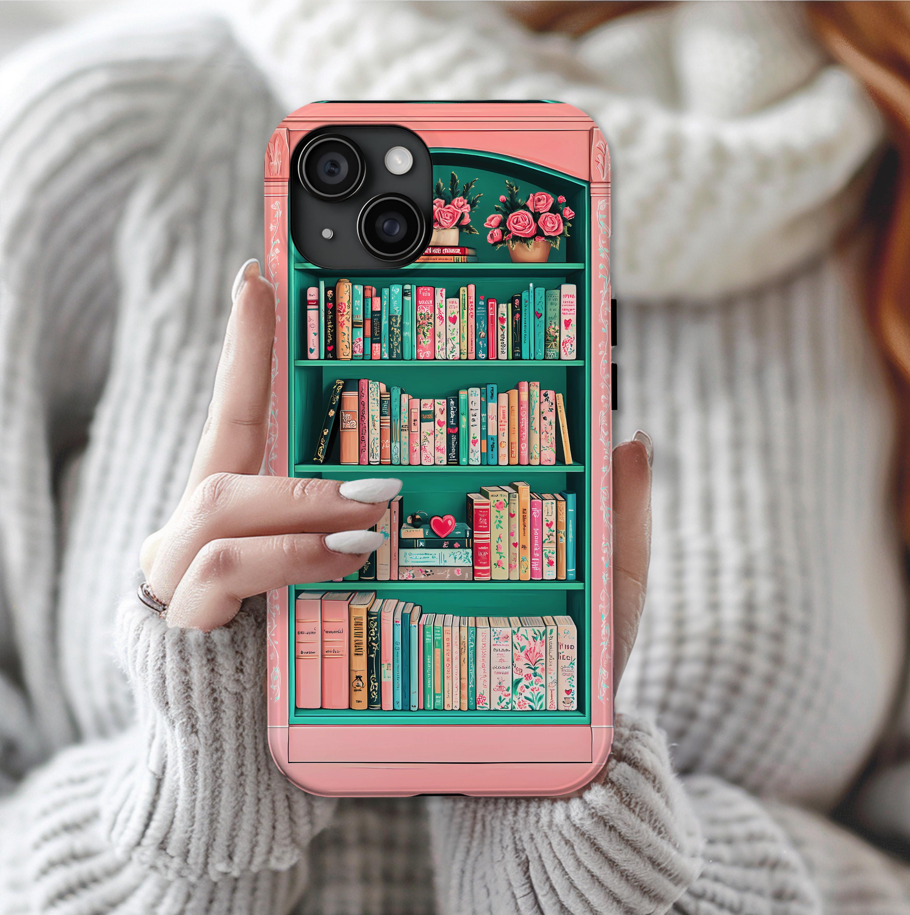 Book Bookshelf pink phone case, Unique Aesthetic Gift for Book Lovers, Boho phone case, Cute Gift for Her, iPhone 16, Galaxy, Pixel 9 case.