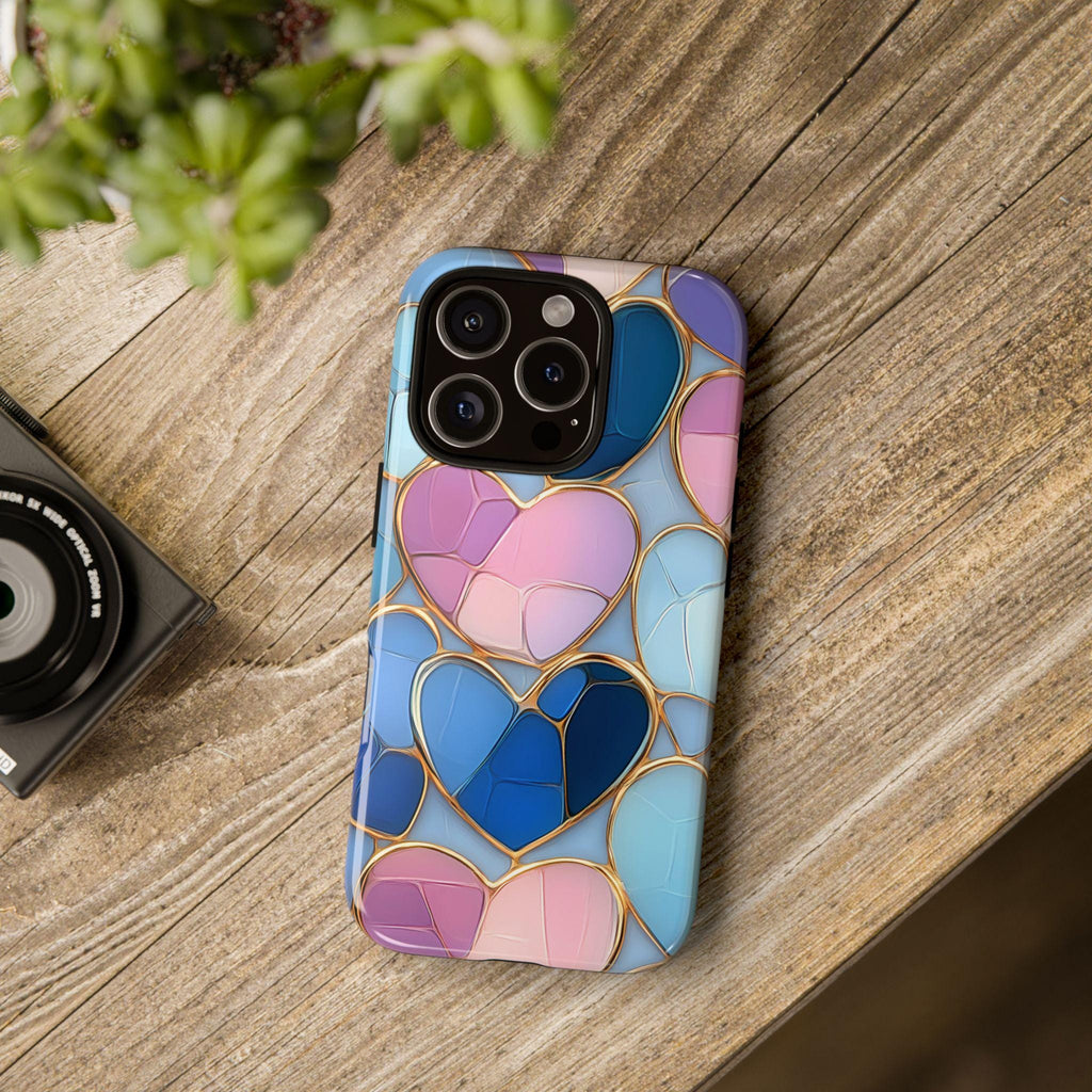 Faux Stained Glass Hearts Phone Case: Valentine's Day Collage, mosaic Cover, iPhone Galaxy, Pixel