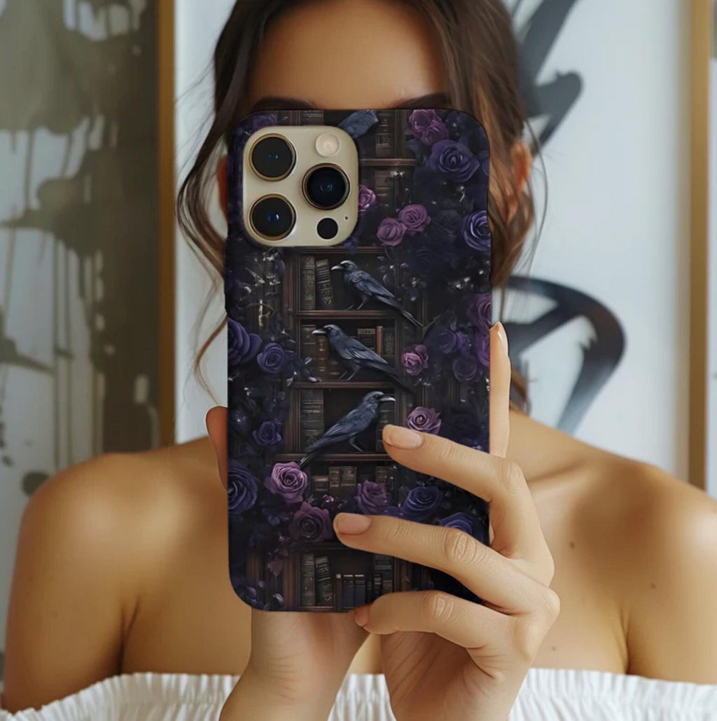 Gothic Raven Phone Case: Dark Purple Floral Library Design