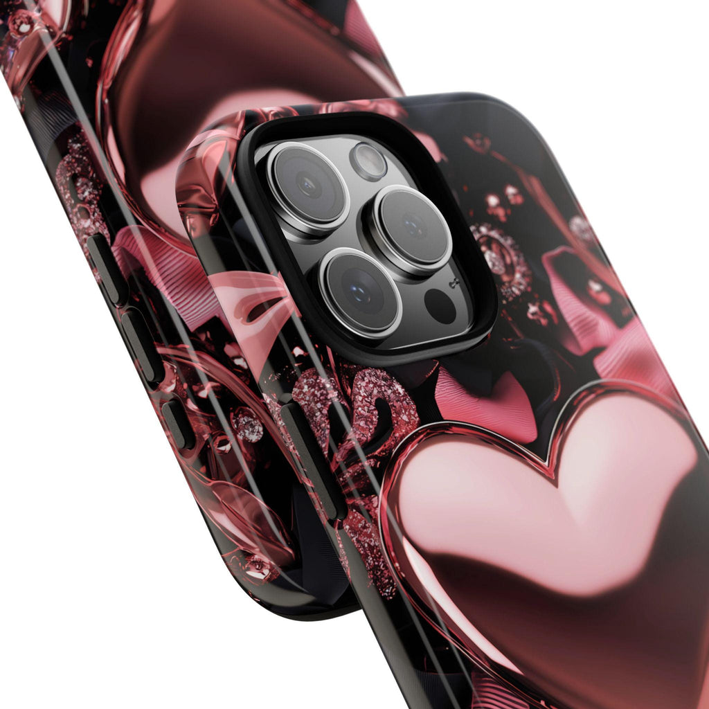 Bling Pink Heart Phone Case with Black Bows,  Mosaic Cover iPhone, Galaxy, Pixel