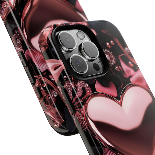 Bling Pink Heart Phone Case with Black Bows,  Mosaic Cover iPhone, Galaxy, Pixel