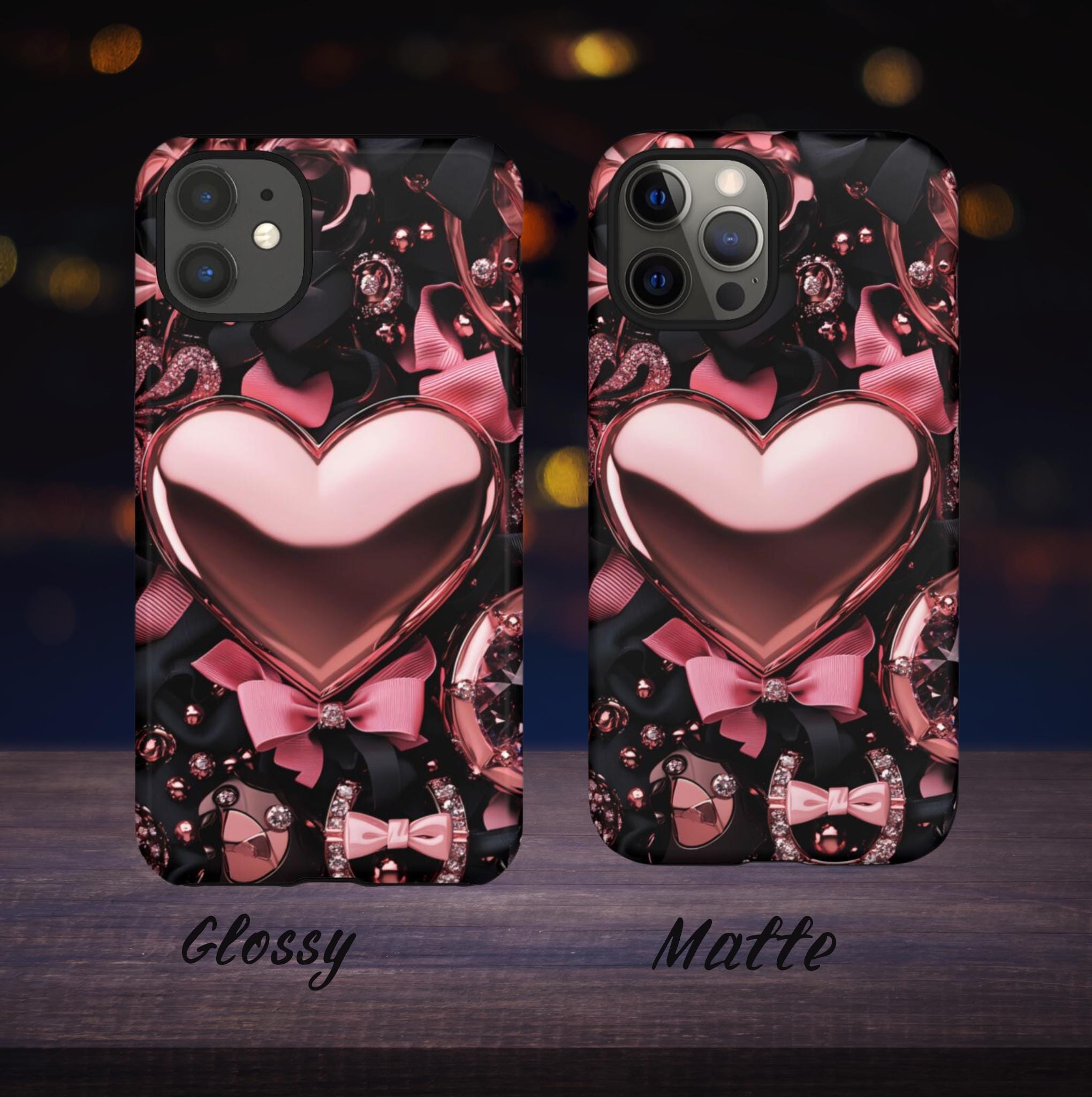 Bling Pink Heart Phone Case with Black Bows,  Mosaic Cover iPhone, Galaxy, Pixel