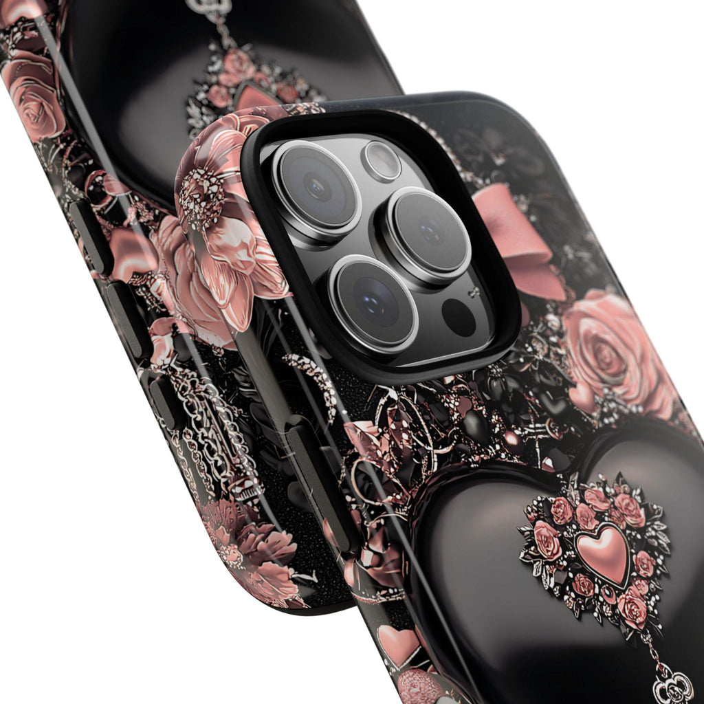 Bling Black Heart Phone Case: Pink Bows Effect Valentine's Day iPhone Galaxy Pixel