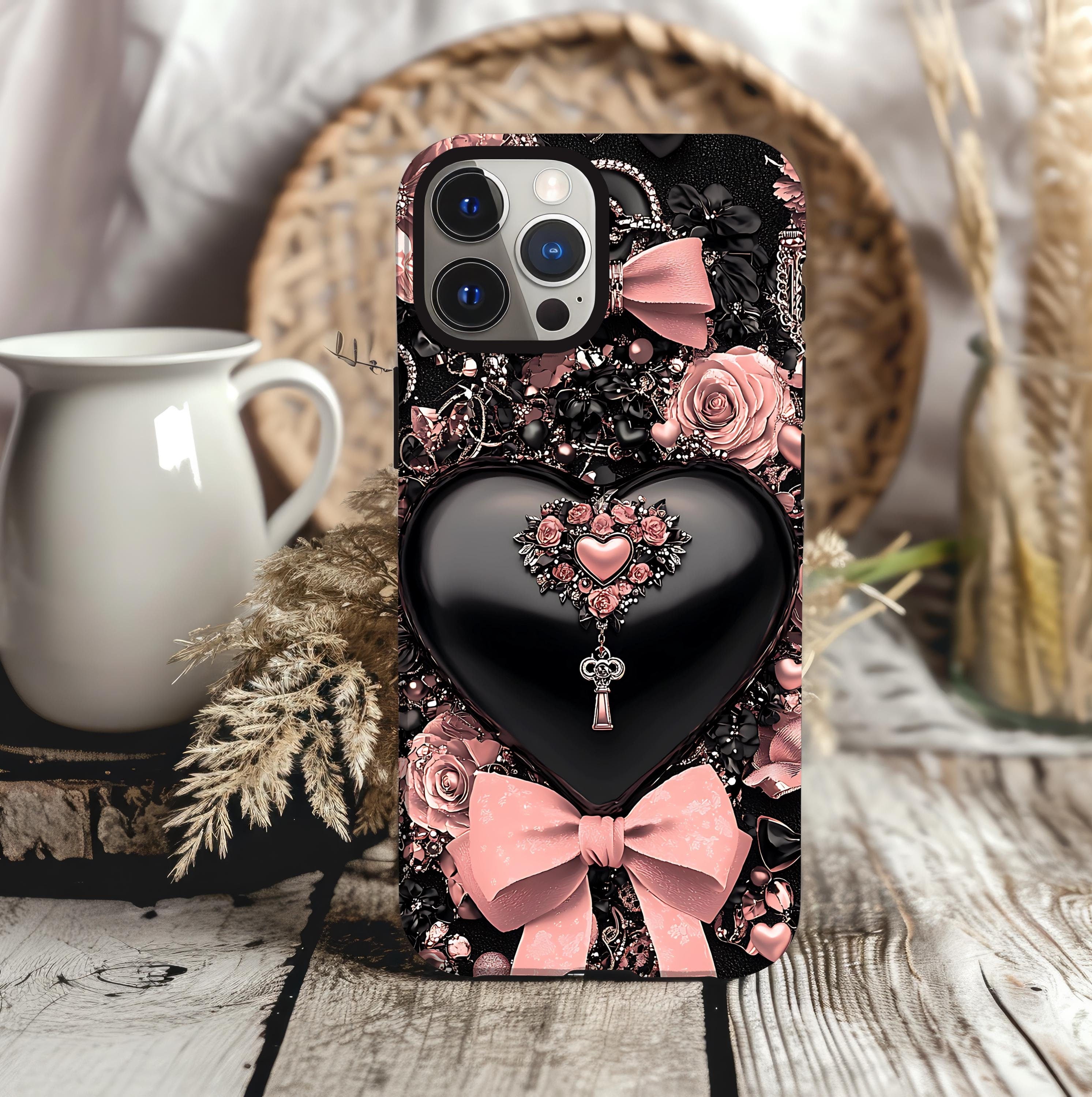 Bling Black Heart Phone Case: Pink Bows Effect Valentine's Day iPhone Galaxy Pixel