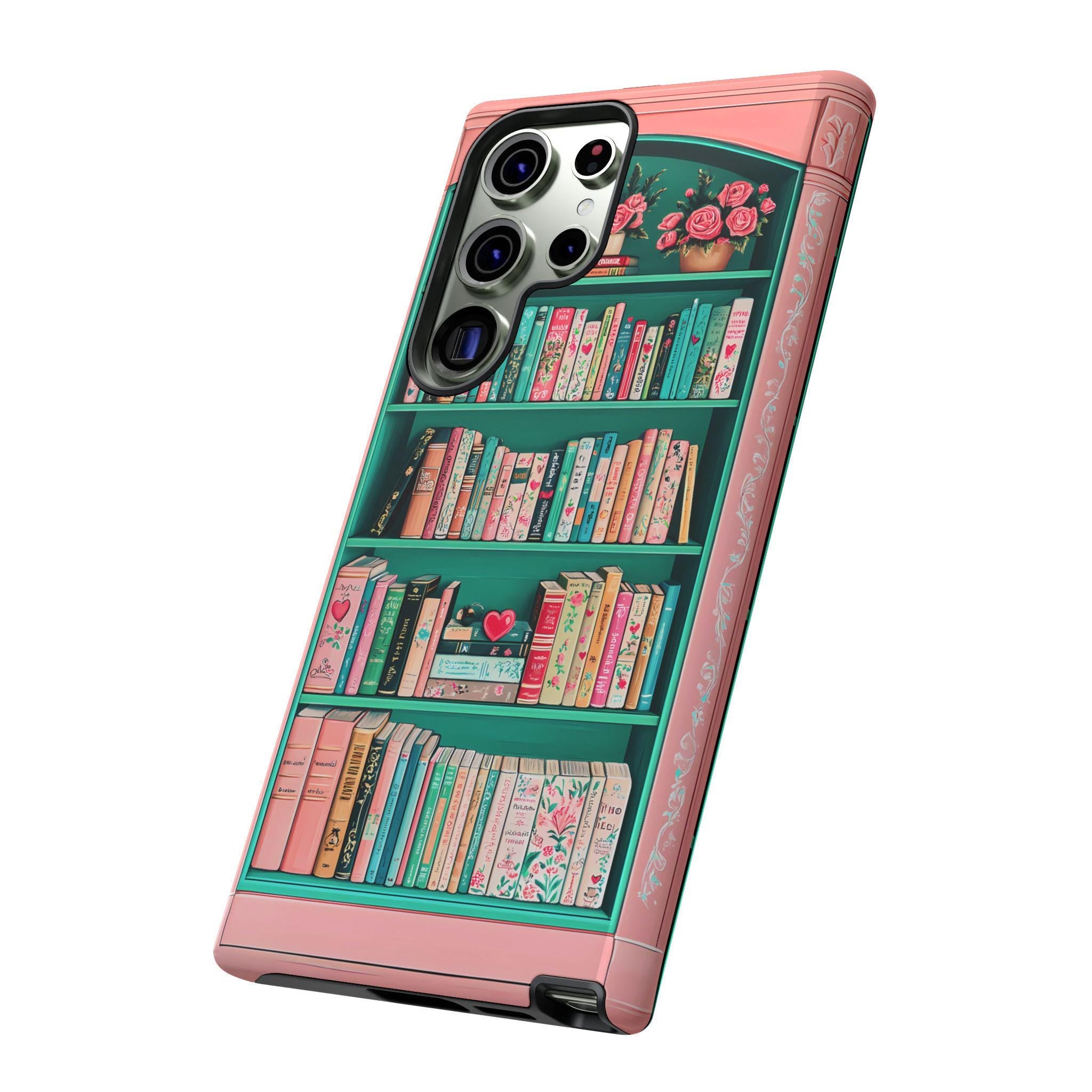 Book Bookshelf pink phone case, Unique Aesthetic Gift for Book Lovers, Boho phone case, Cute Gift for Her, iPhone 16, Galaxy, Pixel 9 case.