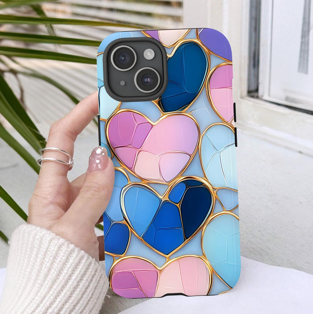 Faux Stained Glass Hearts Phone Case: Valentine's Day Collage, mosaic Cover, iPhone Galaxy, Pixel