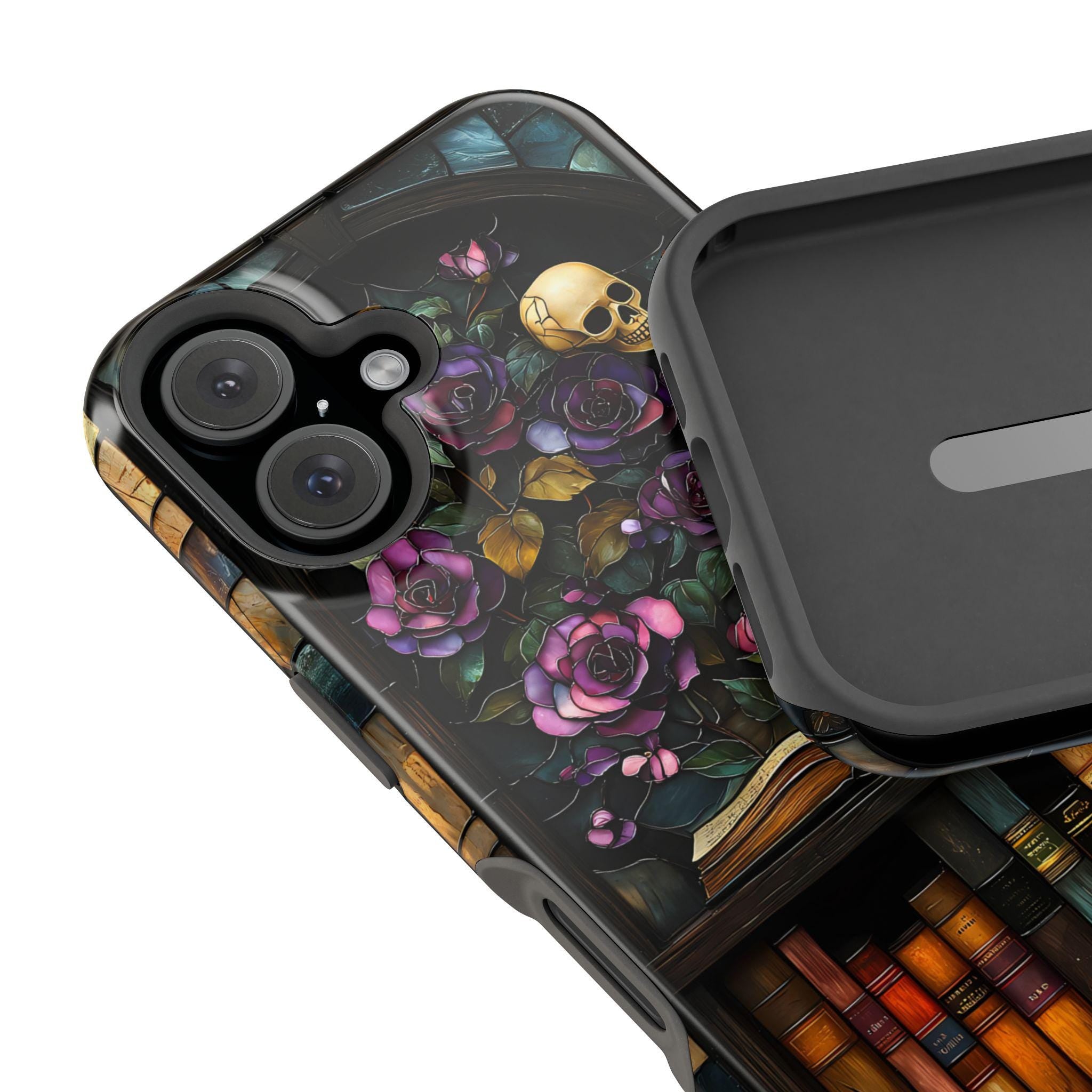 Gothic Floral Bookshelf iPhone Case: Faux Stained Glass, Magnetic Tough Case