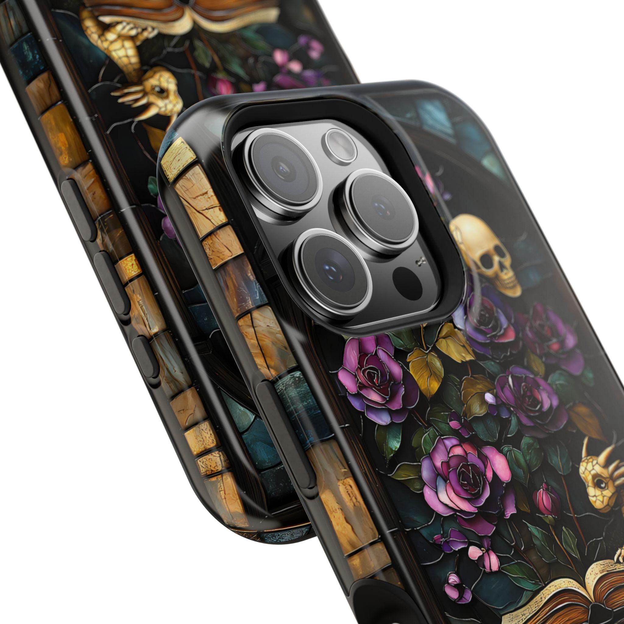 Gothic Floral Bookshelf iPhone Case: Faux Stained Glass, Magnetic Tough Case