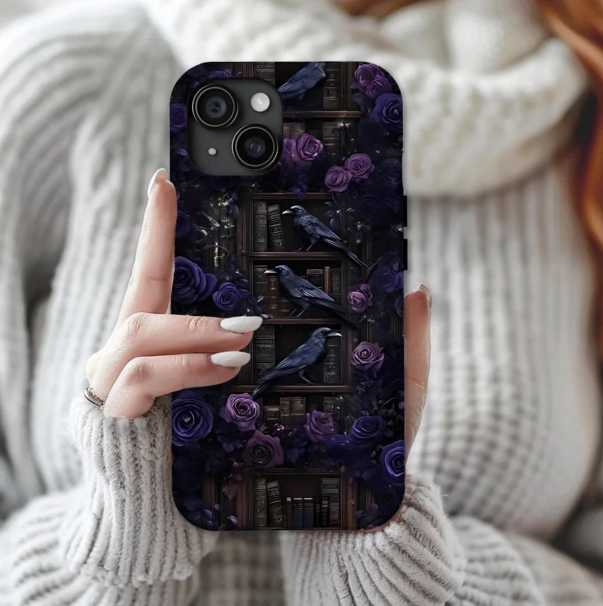 Gothic Raven Phone Case: Dark Purple Floral Library Design