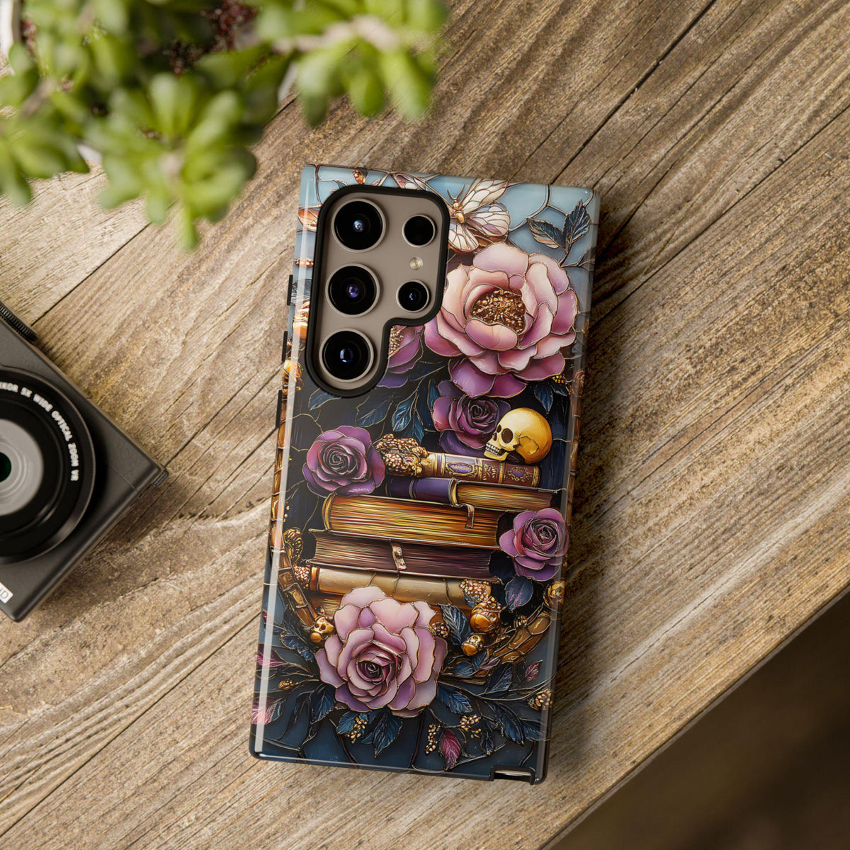 Gothic Floral Bookshelf Phone Case: Faux Stained Glass Design  n iPhone Galaxy Pixel