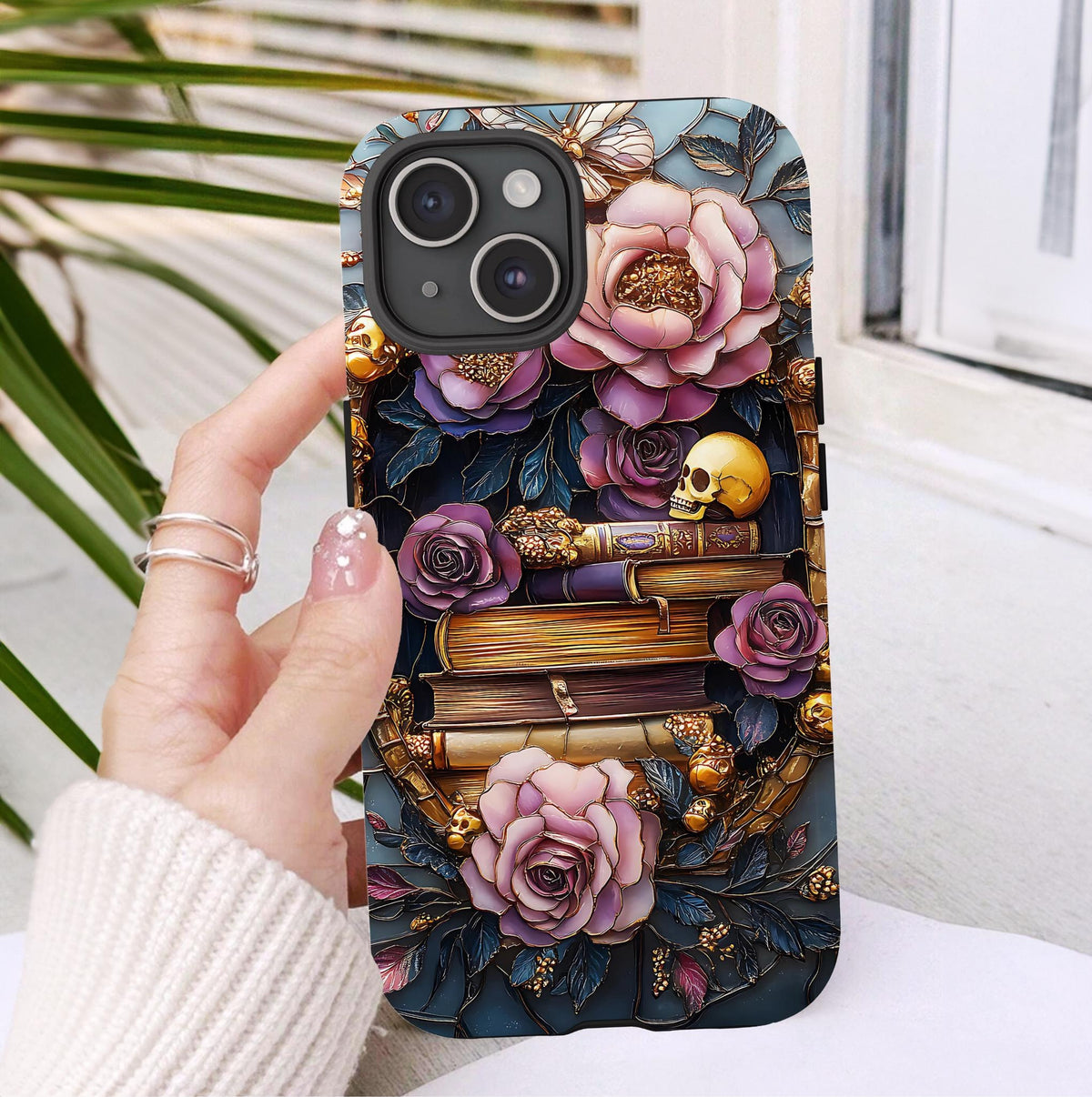 Gothic Floral Bookshelf Phone Case: Faux Stained Glass Design  n iPhone Galaxy Pixel
