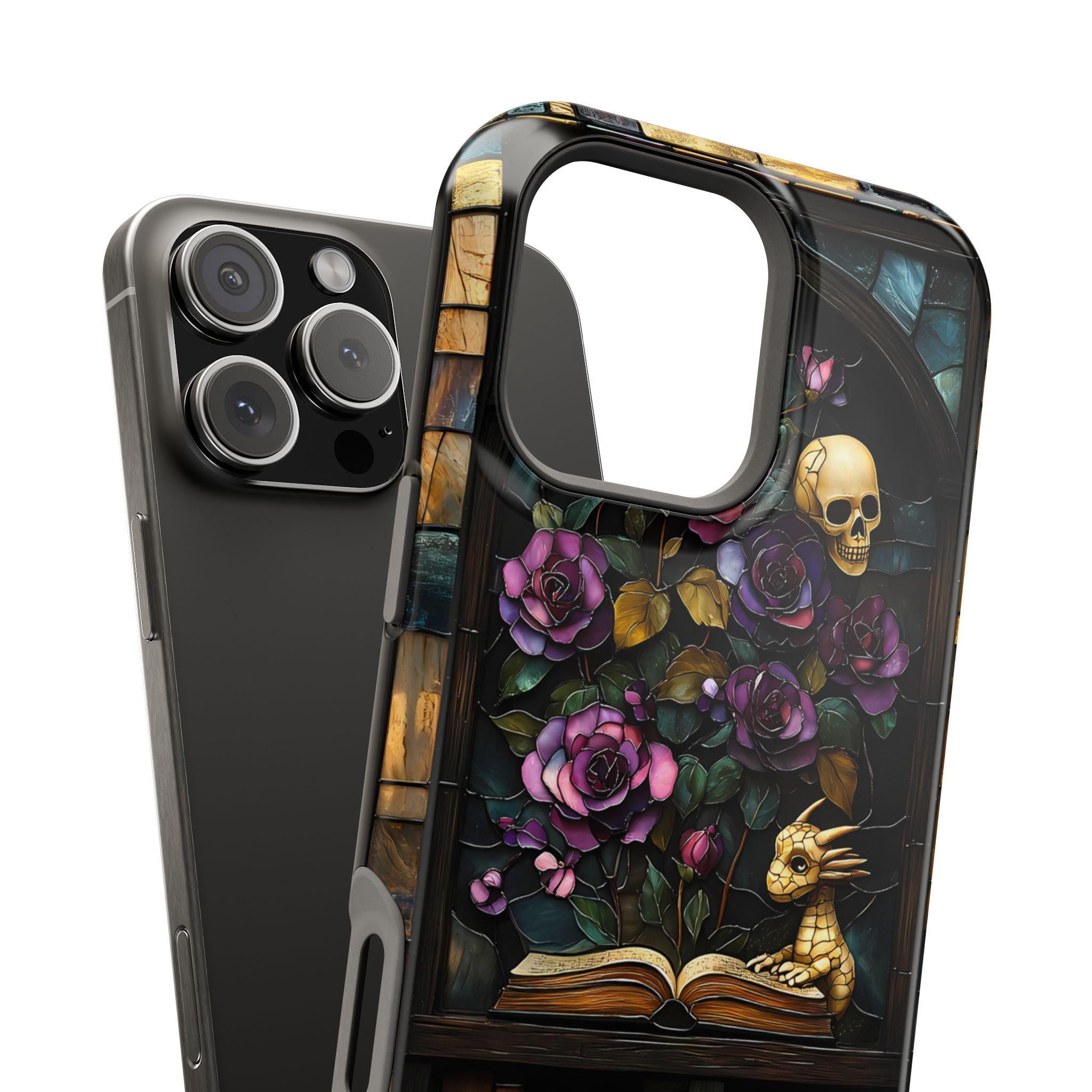 Gothic Floral Bookshelf iPhone Case: Faux Stained Glass, Magnetic Tough Case