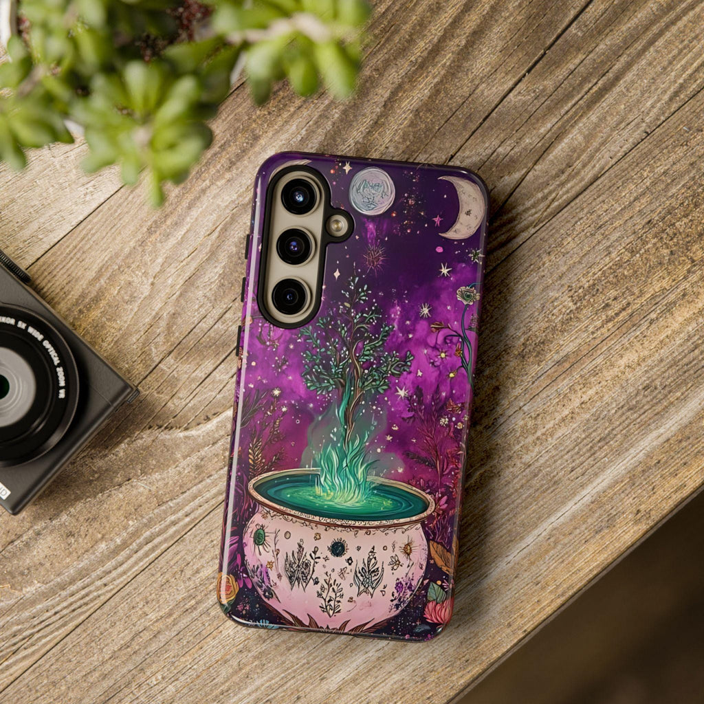Celestial Witch Cauldron Phone Case: Floral Halloween Design