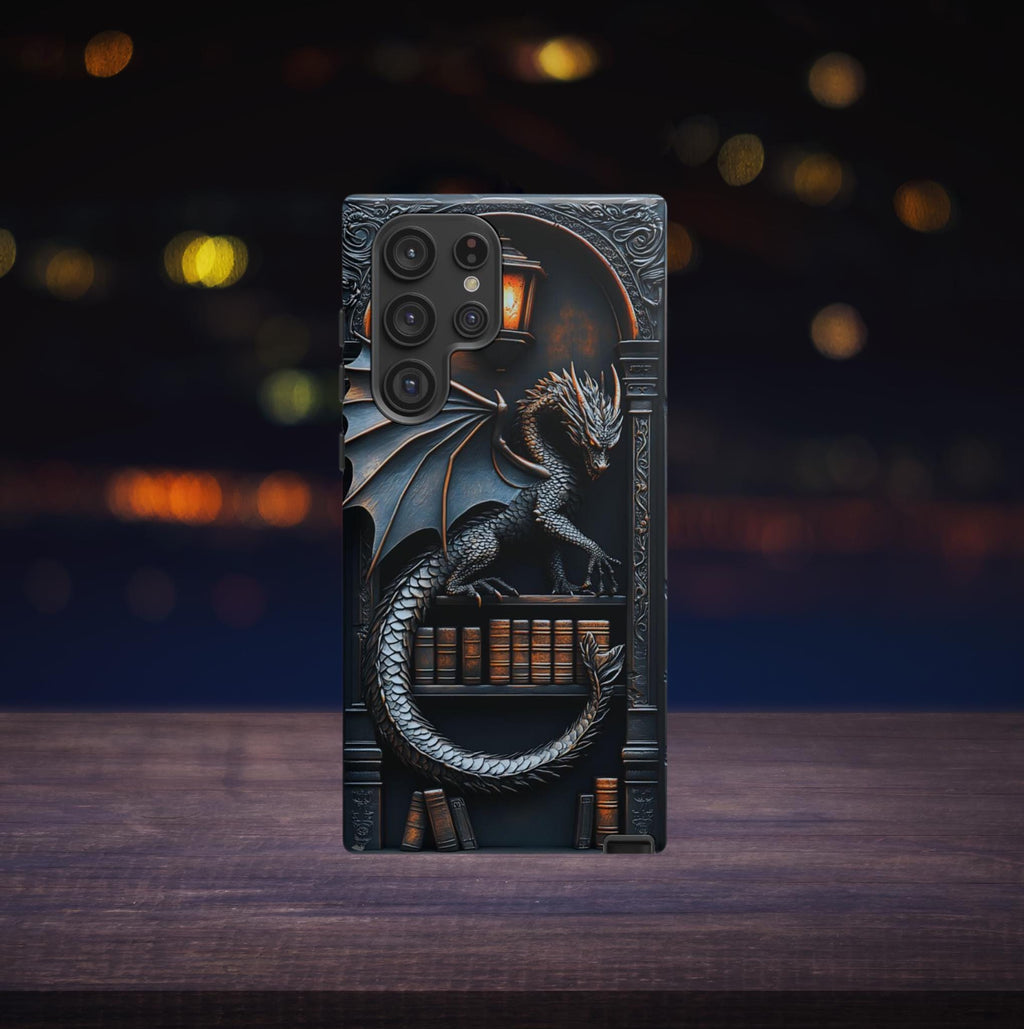 Bookish Dragon Phone Case: Fantasy Bookshelf Design