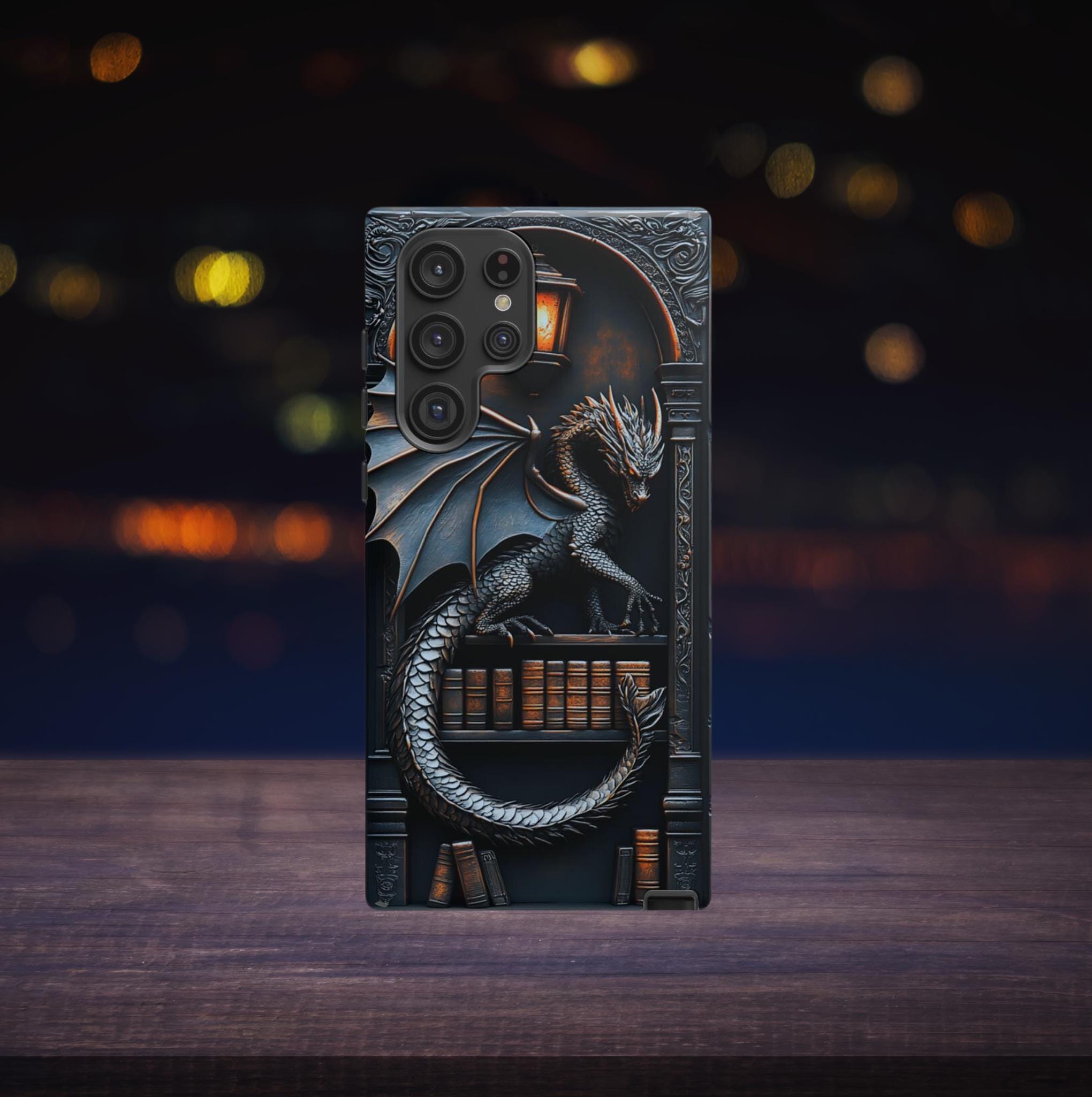Bookish Dragon Phone Case: Fantasy Bookshelf Design