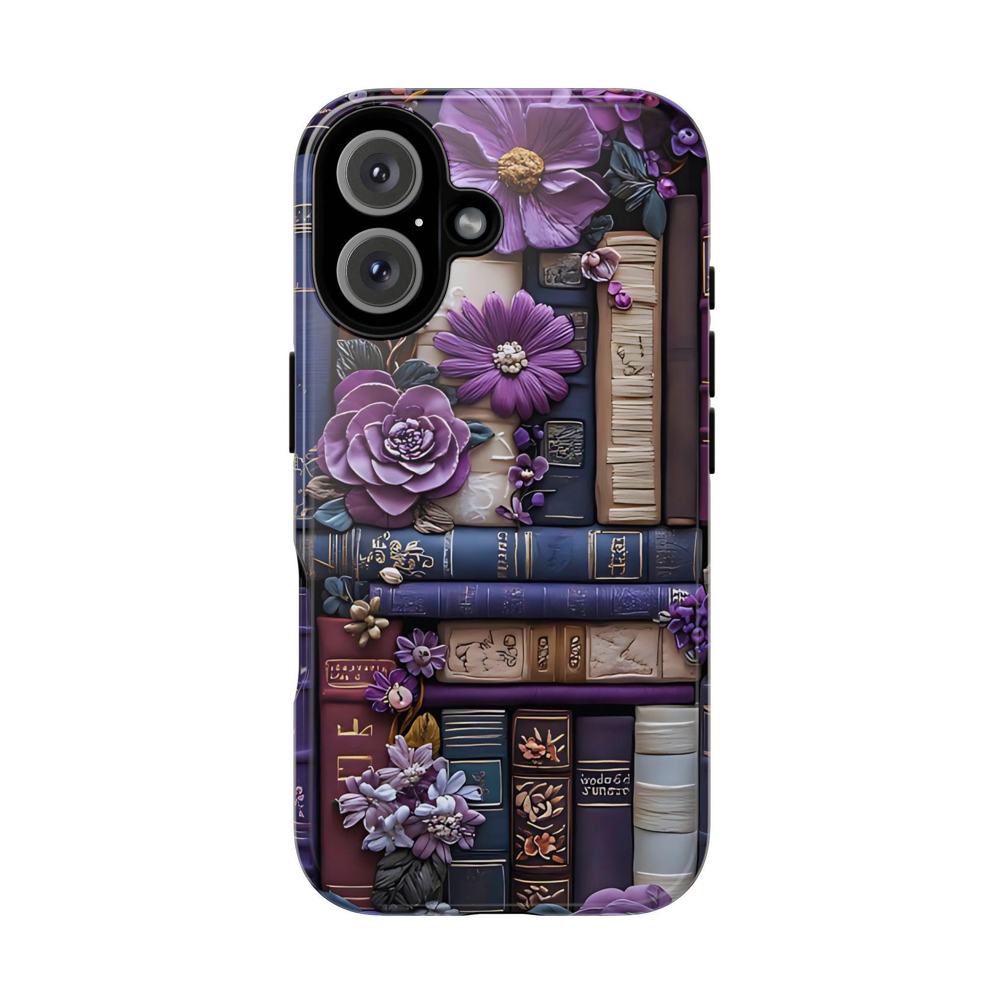 Bookish Floral Phone Case: Purple Bookshelf, Boho Faux Embroidered Design, Book Lover Gift ForReaders