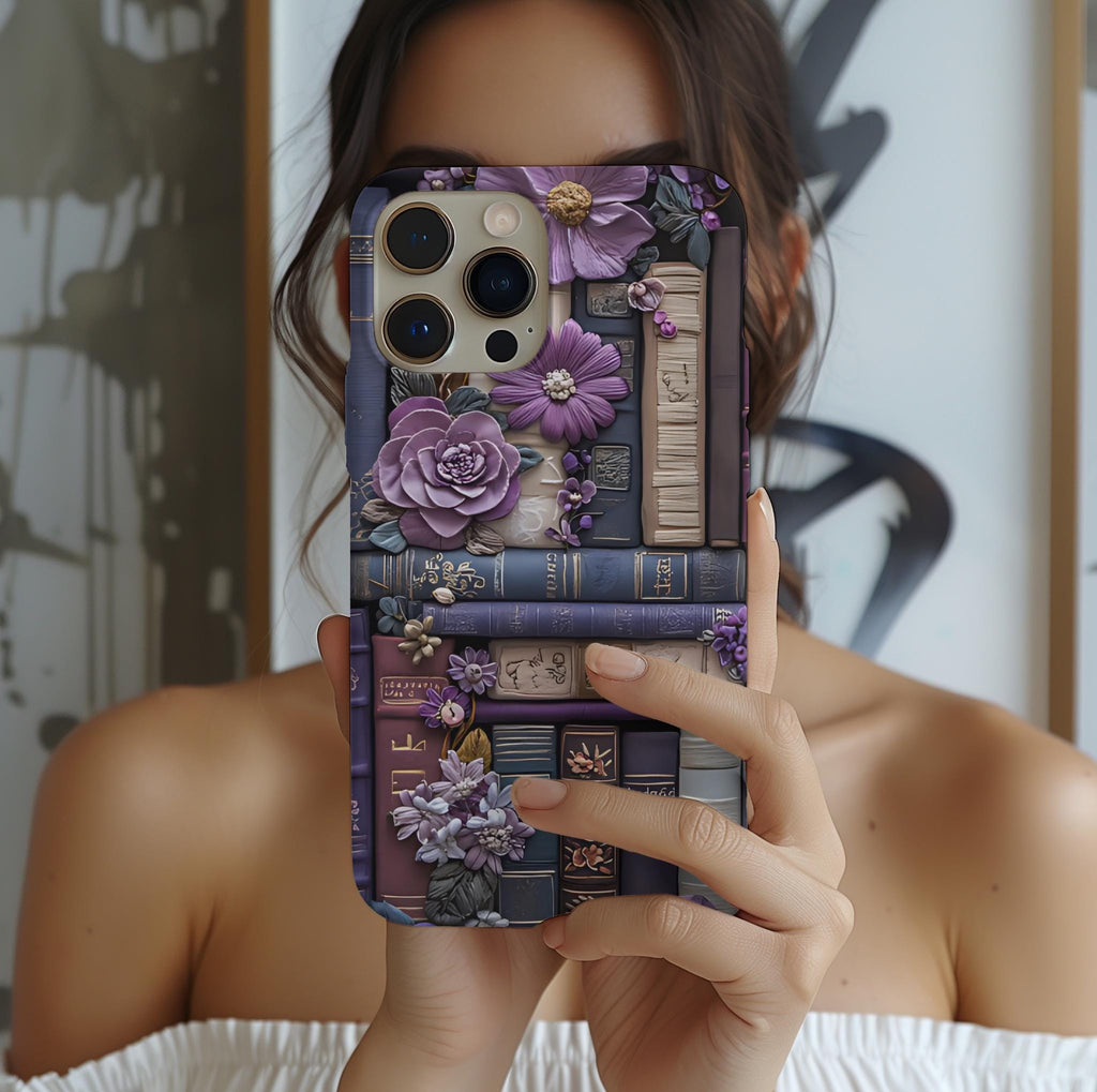 Bookish Floral Phone Case: Purple Bookshelf, Boho Faux Embroidered Design, Book Lover Gift ForReaders