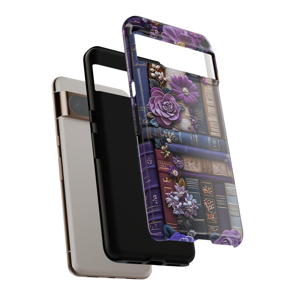 Bookish Floral Phone Case: Purple Bookshelf, Boho Faux Embroidered Design, Book Lover Gift ForReaders