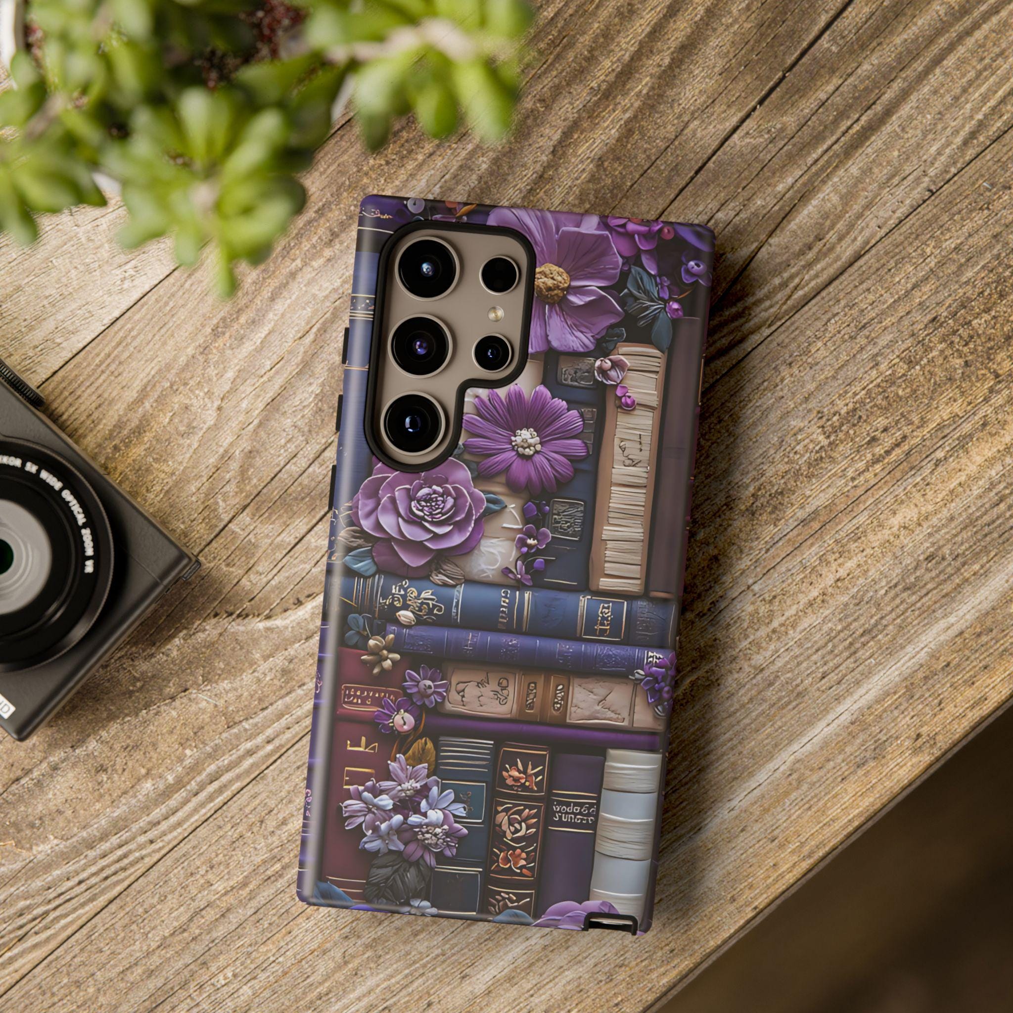 Bookish Floral Phone Case: Purple Bookshelf, Boho Faux Embroidered Design, Book Lover Gift ForReaders