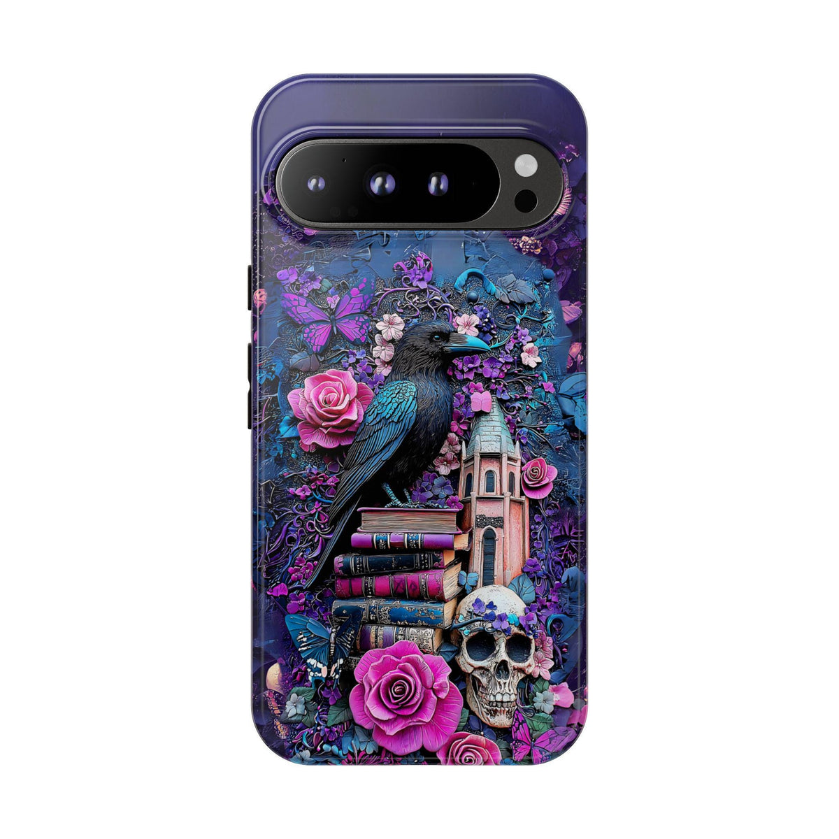 Gothic Raven Bookshelf Phone Case: Dark Academia Witch Floral