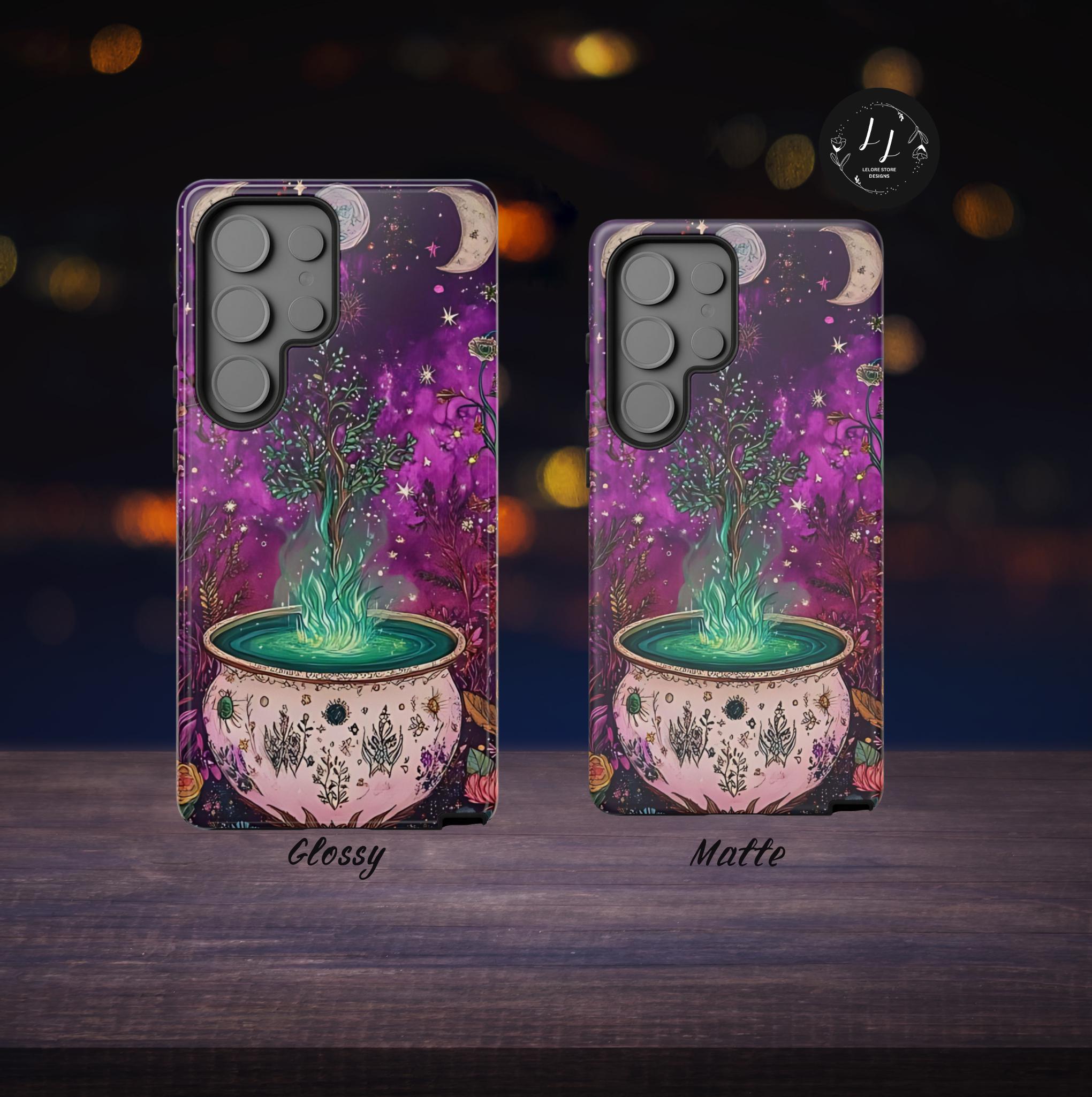 Celestial Witch Cauldron Phone Case: Floral Halloween Design