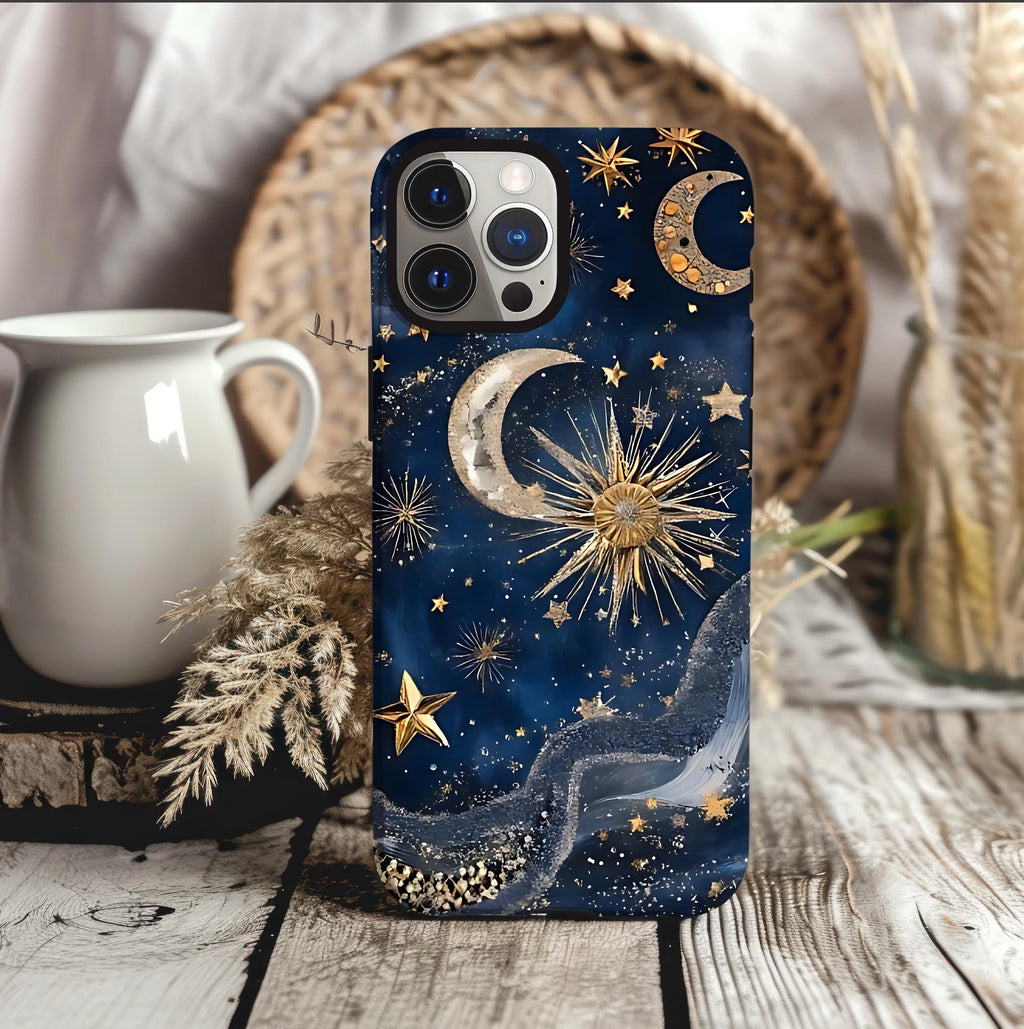 Celestial Moon & Stars Phone Case: Mystical Blue Sky Design