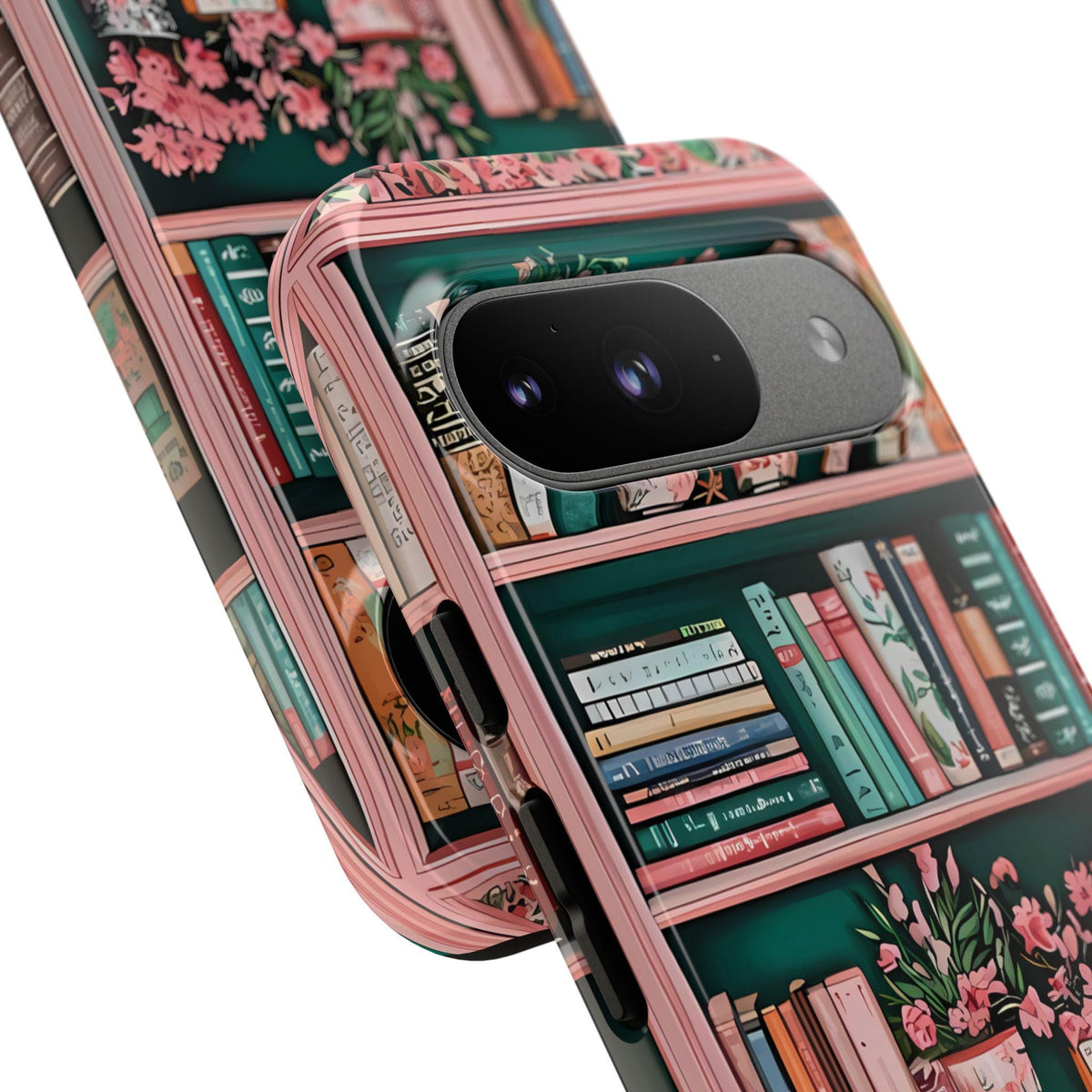 Pink Floral Bookshelf Phone Case: Vintage Book Lover Gift