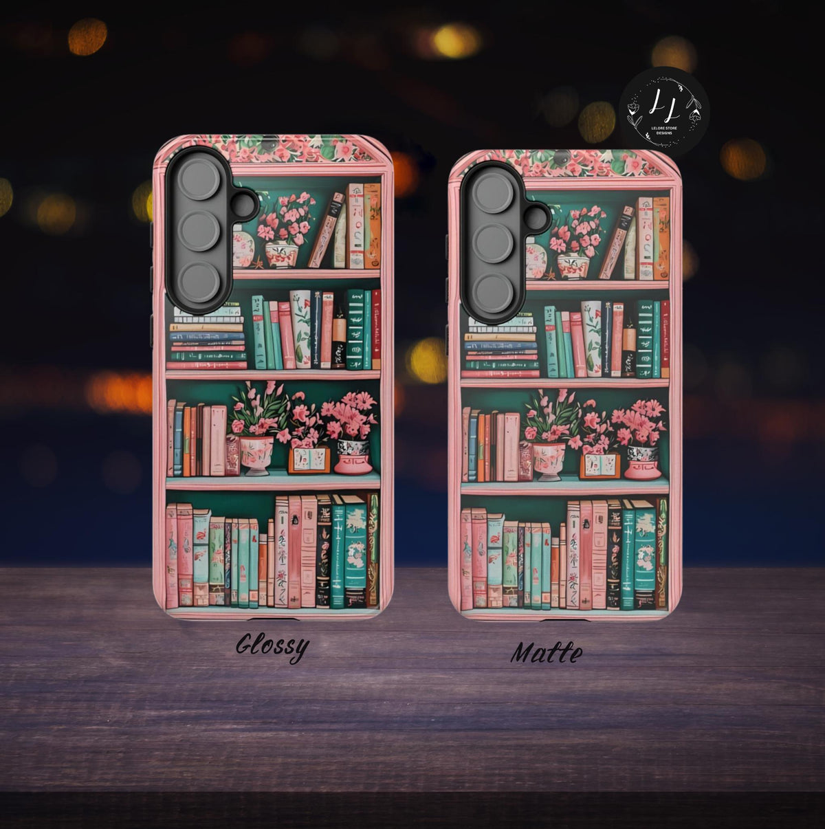 Pink Floral Bookshelf Phone Case: Vintage Book Lover Gift