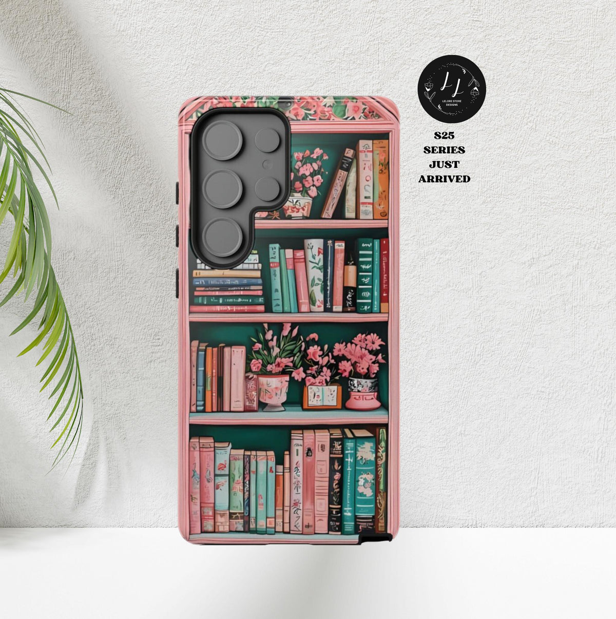 Pink Floral Bookshelf Phone Case: Vintage Book Lover Gift