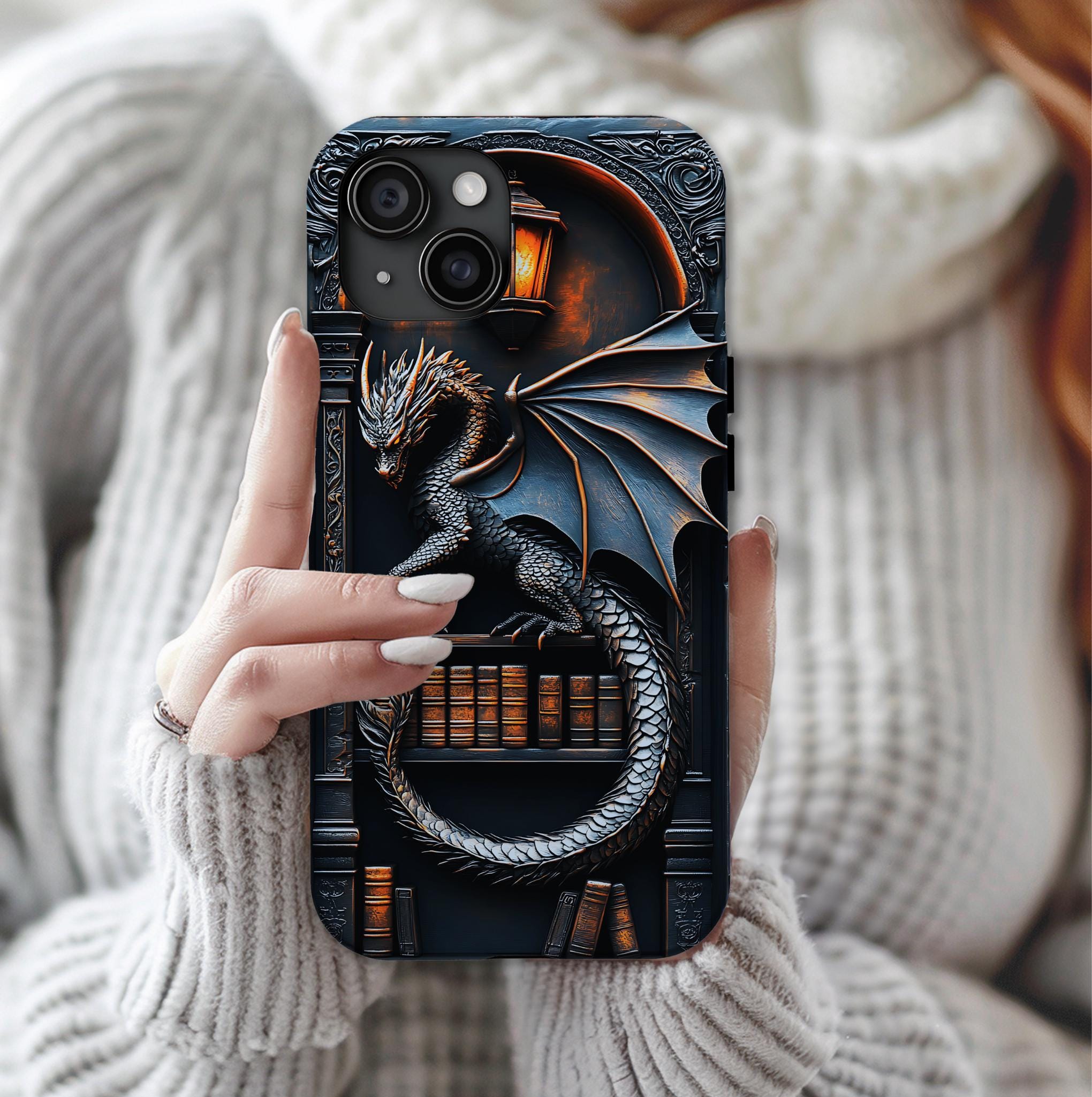 Bookish Dragon Phone Case: Fantasy Bookshelf Design