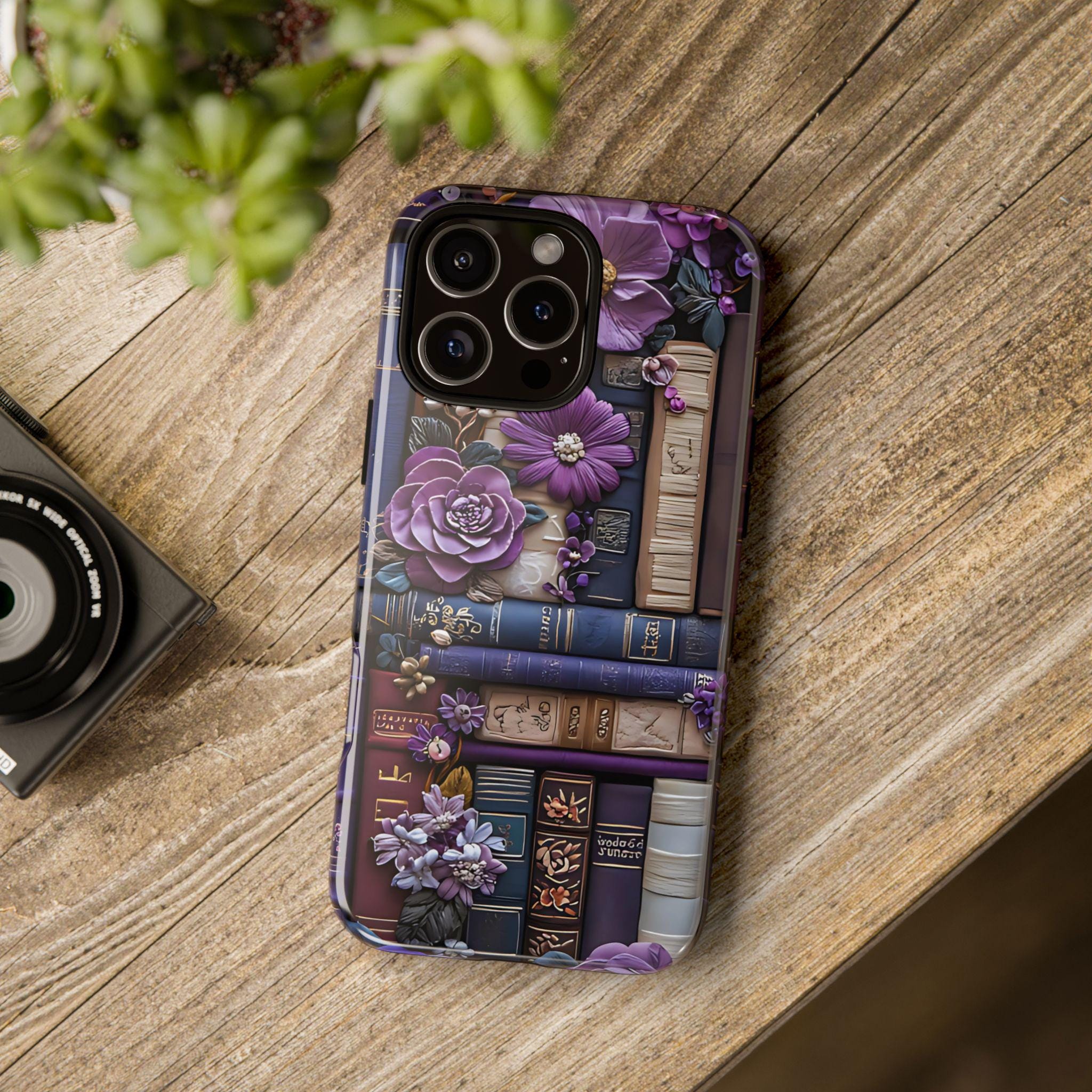 Bookish Floral Phone Case: Purple Bookshelf, Boho Faux Embroidered Design, Book Lover Gift ForReaders