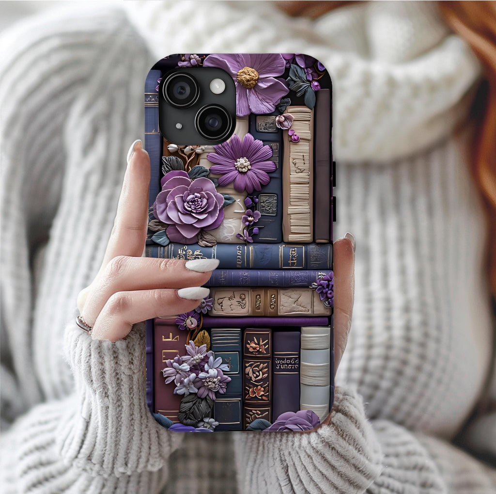 Bookish Floral Phone Case: Purple Bookshelf, Boho Faux Embroidered Design, Book Lover Gift ForReaders