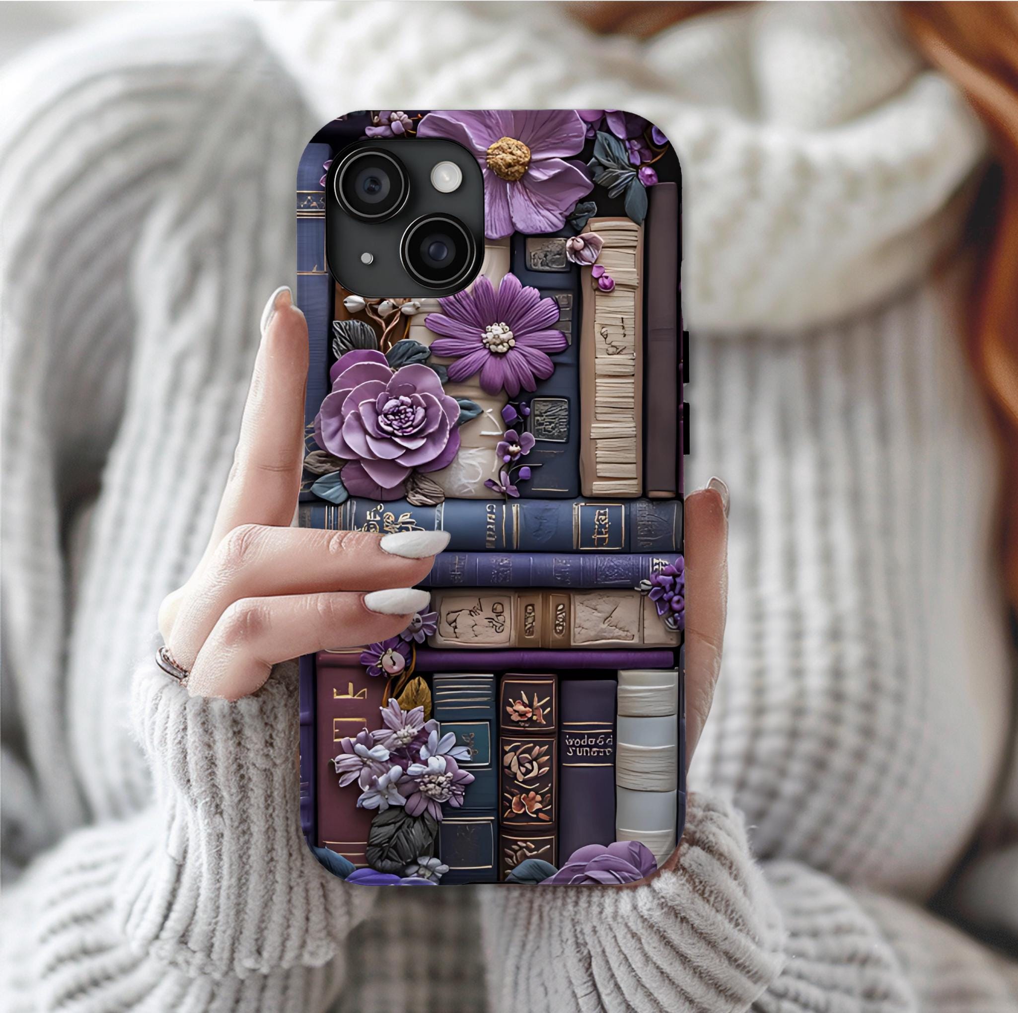 Bookish Floral Phone Case: Purple Bookshelf, Boho Faux Embroidered Design, Book Lover Gift ForReaders