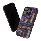 Bookish Floral Phone Case: Purple Bookshelf, Boho Faux Embroidered Design, Book Lover Gift ForReaders