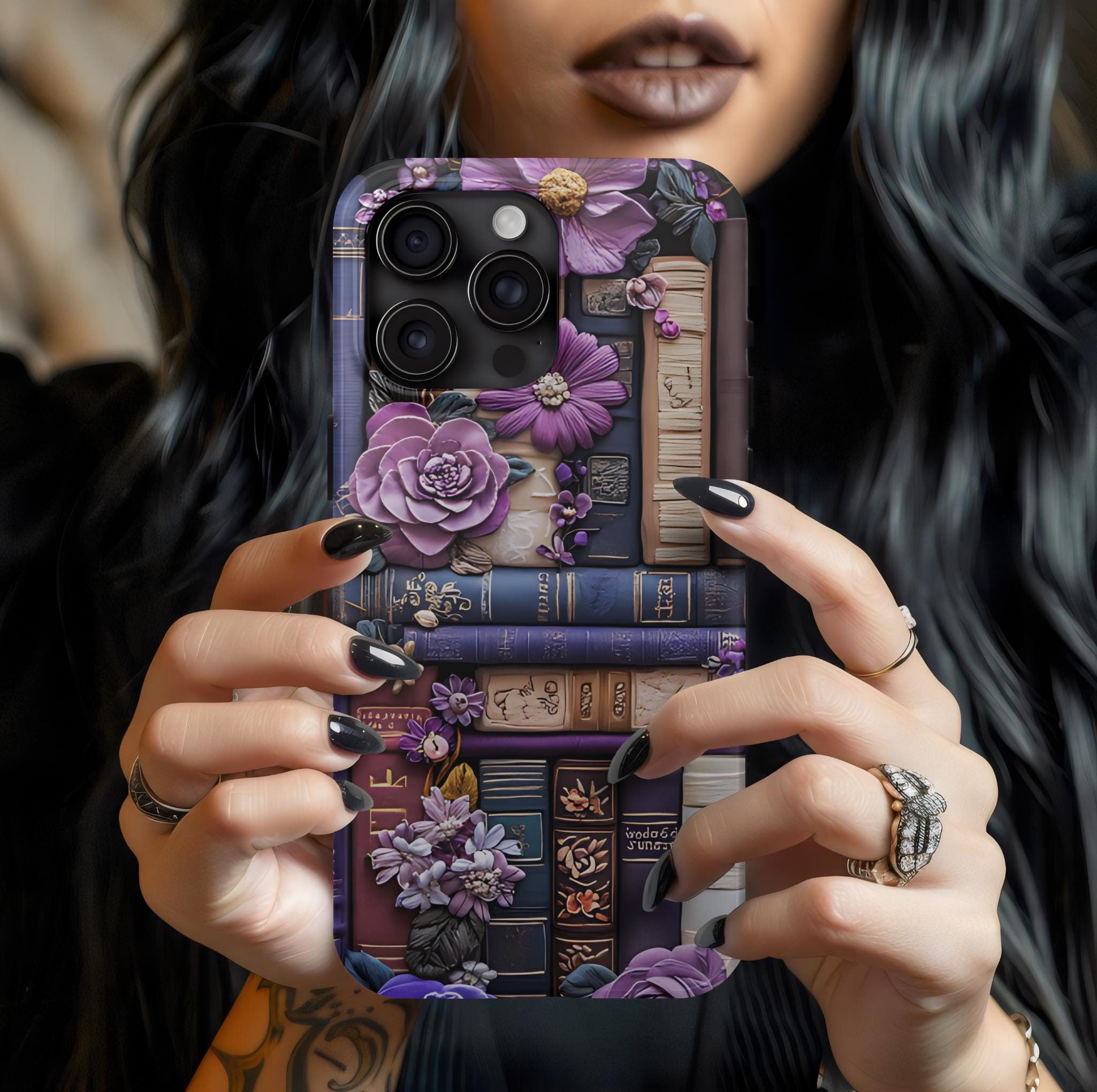 Bookish Floral Phone Case: Purple Bookshelf, Boho Faux Embroidered Design, Book Lover Gift ForReaders